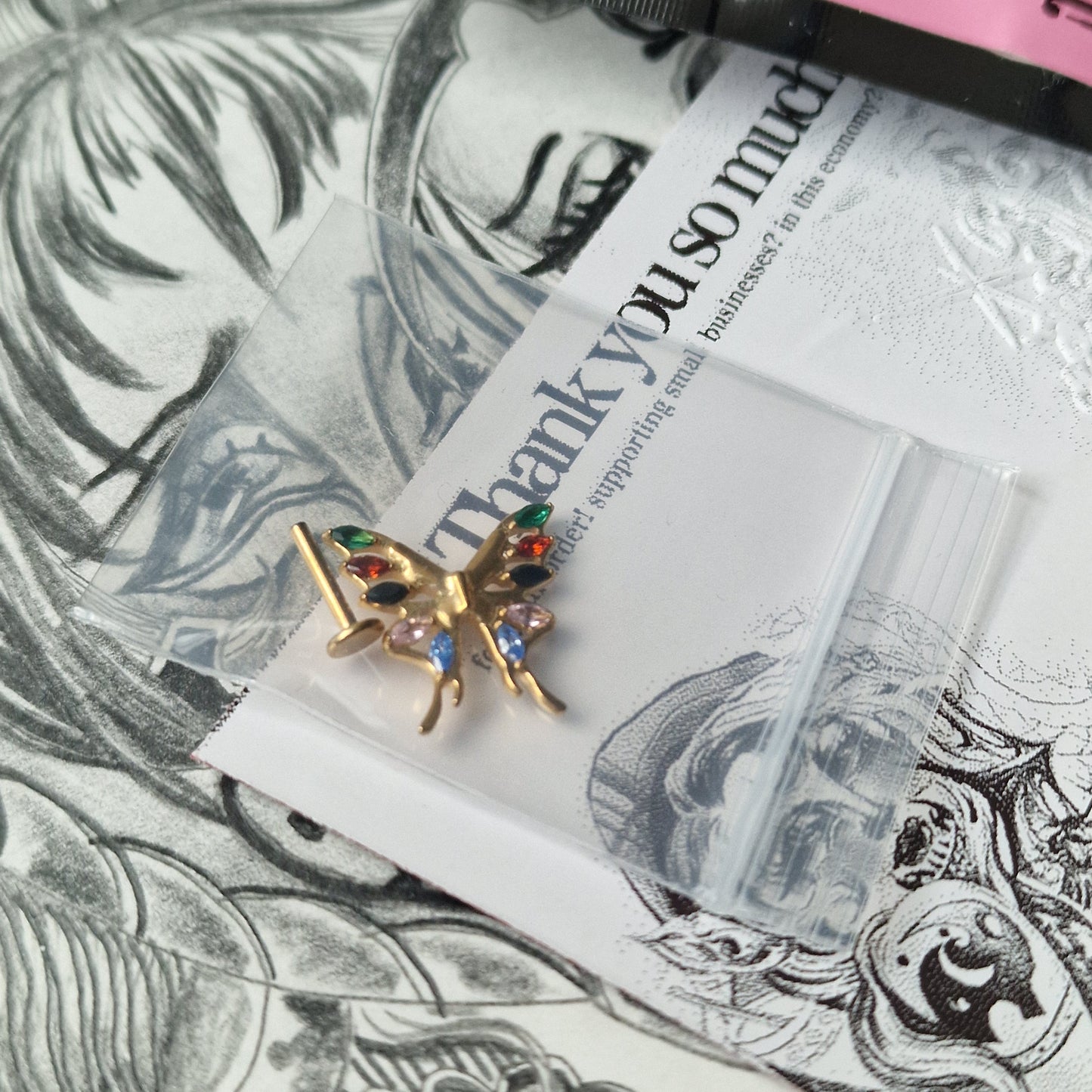 Jeweled Vintage Clown Pendant Rainbow Butterfly Earrings | Zircon Titanium Silver Body Piercing