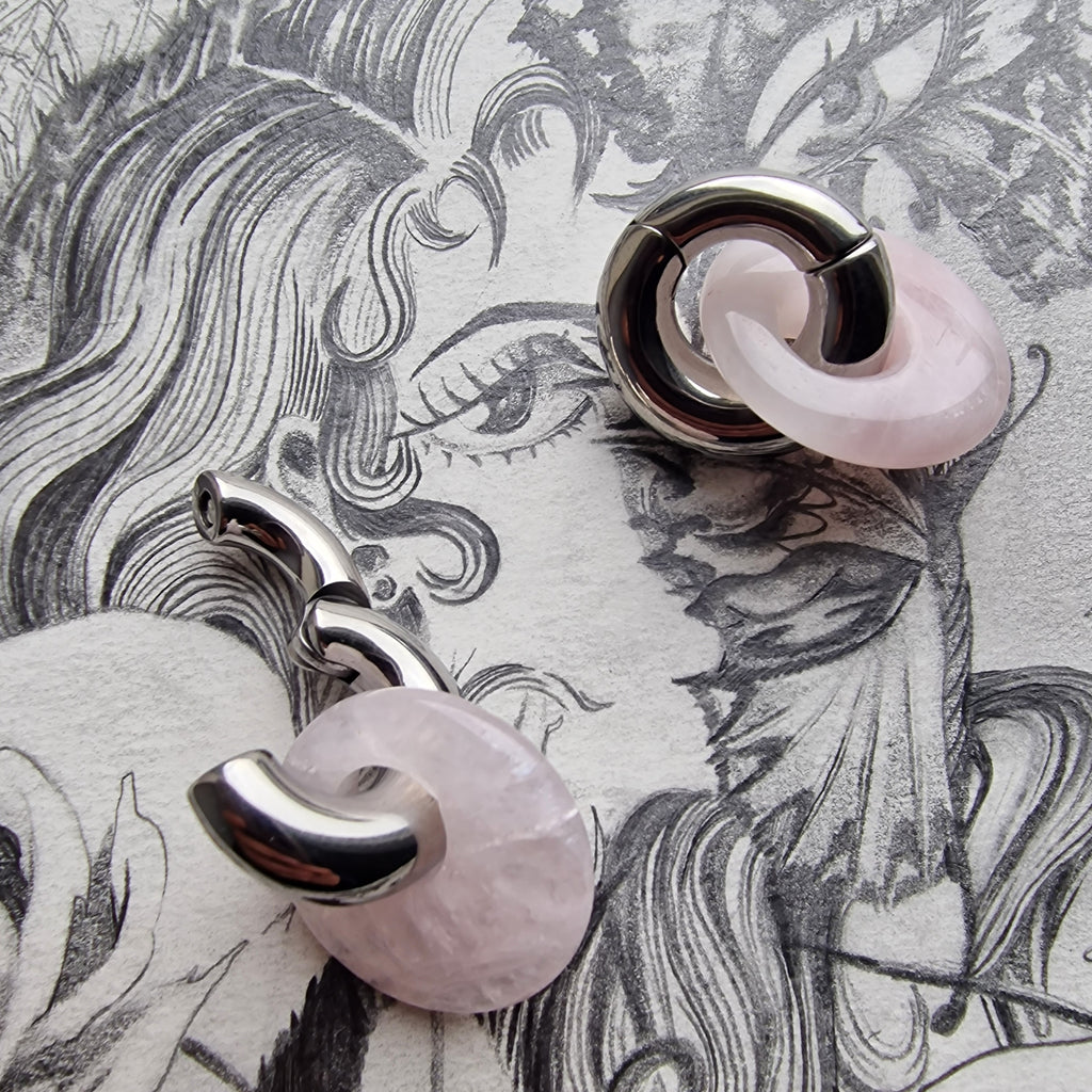 Semi Precious Pink Jade Stone and Silver Hoop Ear Weights