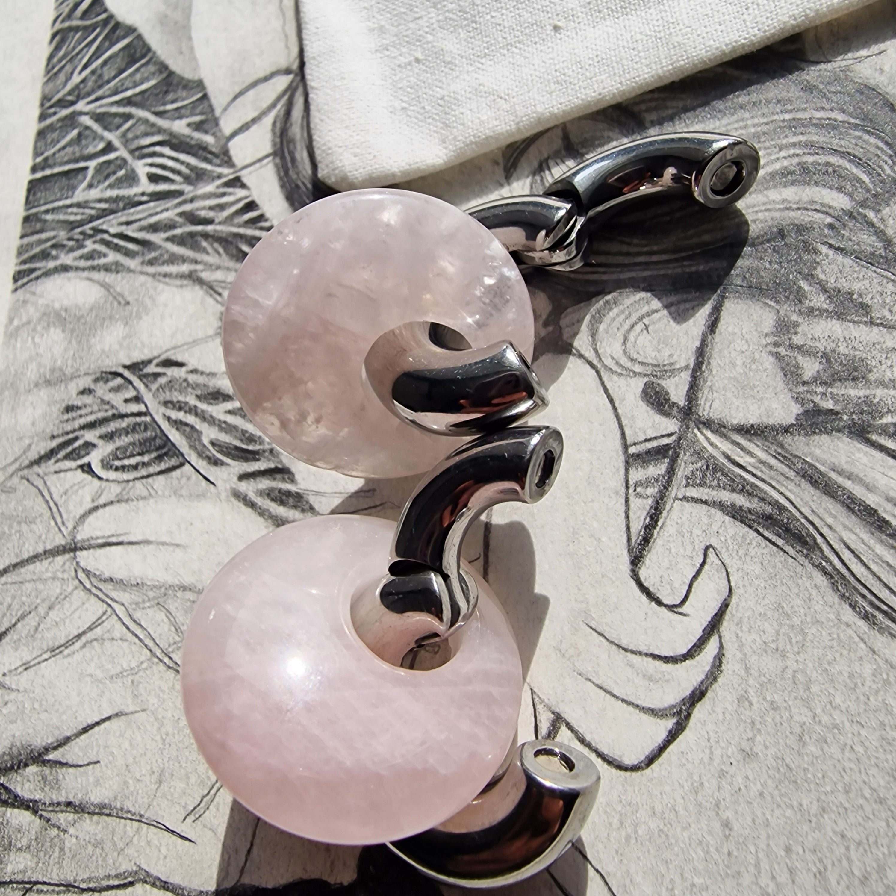 Semi Precious Pink Jade Stone and Silver Hoop Ear Weights