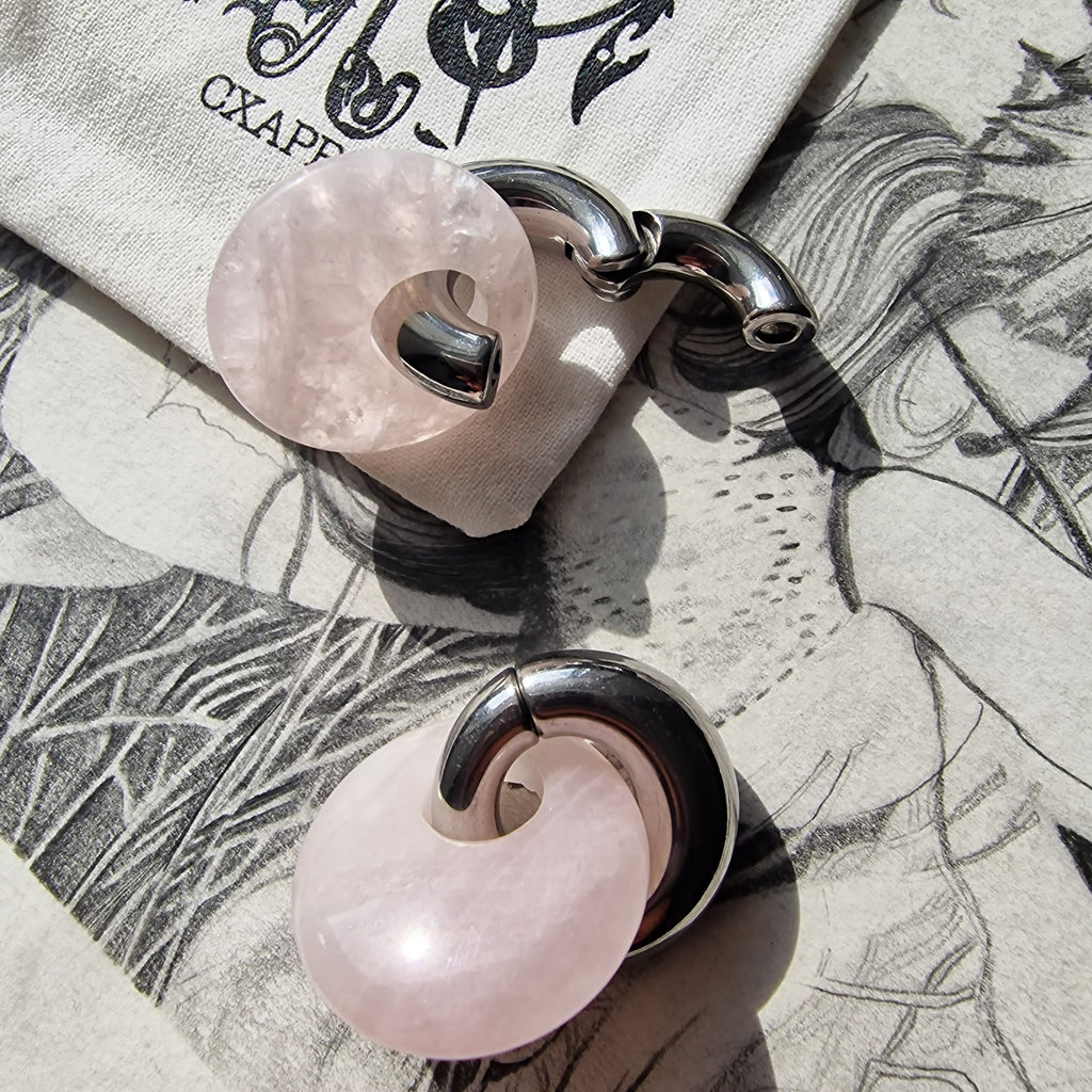 Semi Precious Pink Jade Stone and Silver Hoop Ear Weights