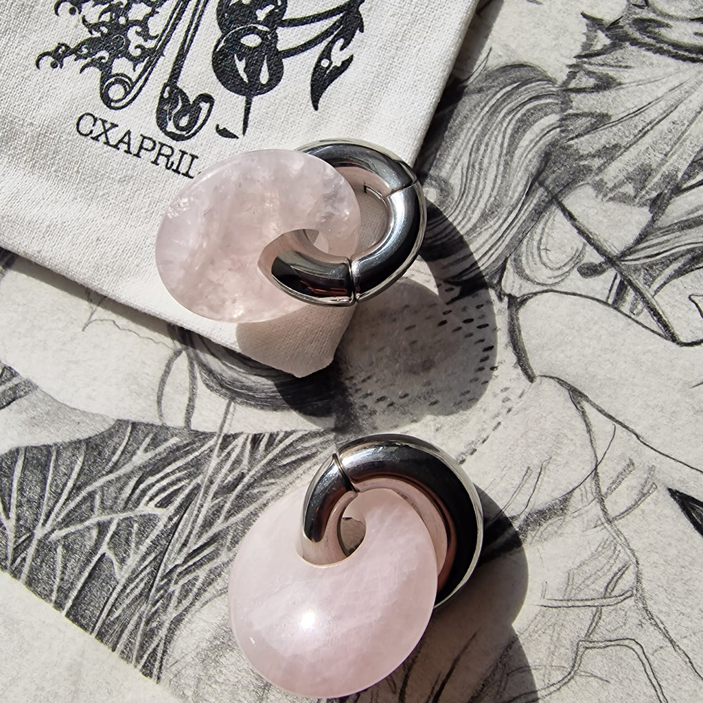 Semi Precious Pink Jade Stone and Silver Hoop Ear Weights