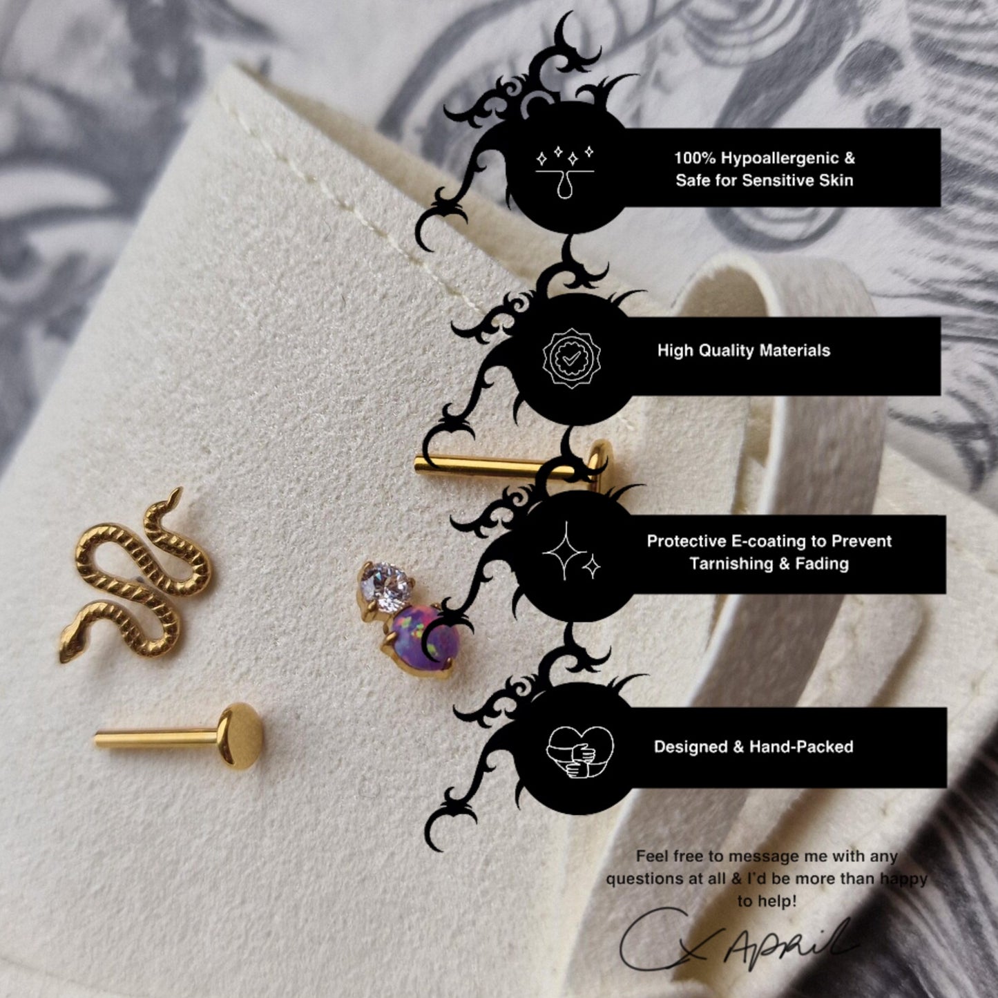 Snake × Purple Opal ●● Titanium Cartilage Asymmetric Stud Set