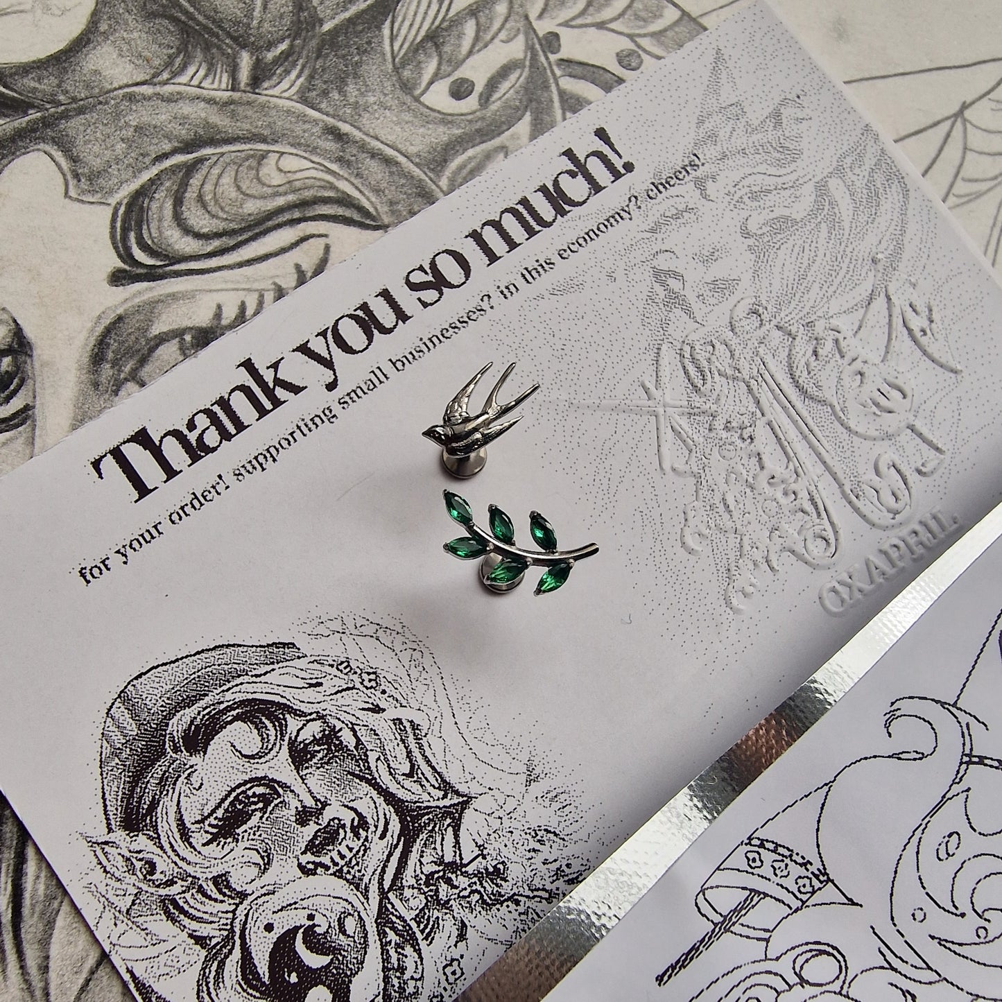 Olive Branch Leaves and Bird Asymmetric Stud Set | Titanium Silver and Green Nature Inspired Cartilage Flat Back Earrings