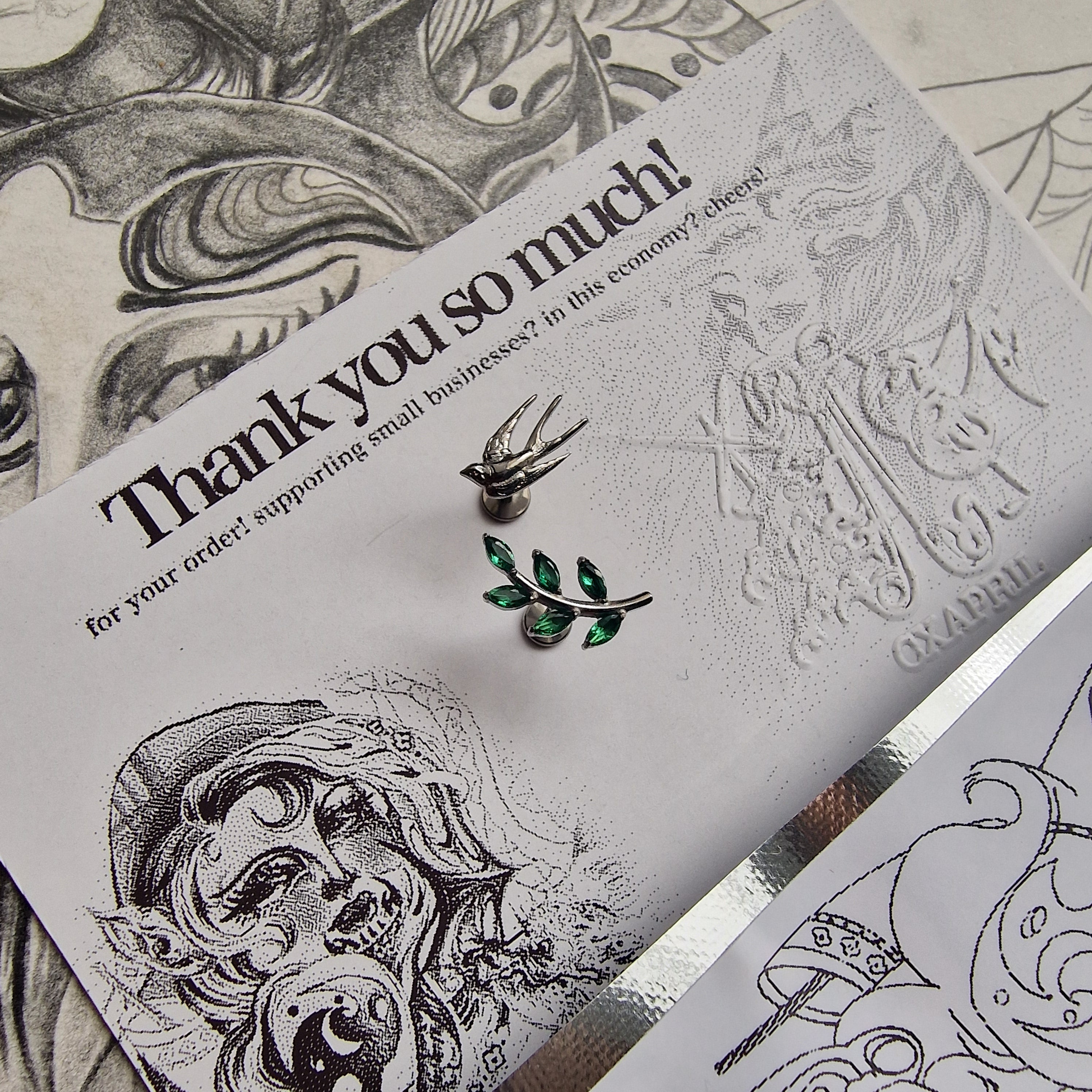 Olive Branch Leaves and Bird Asymmetric Stud Set | Titanium Silver and Green Nature Inspired Cartilage Flat Back Earrings