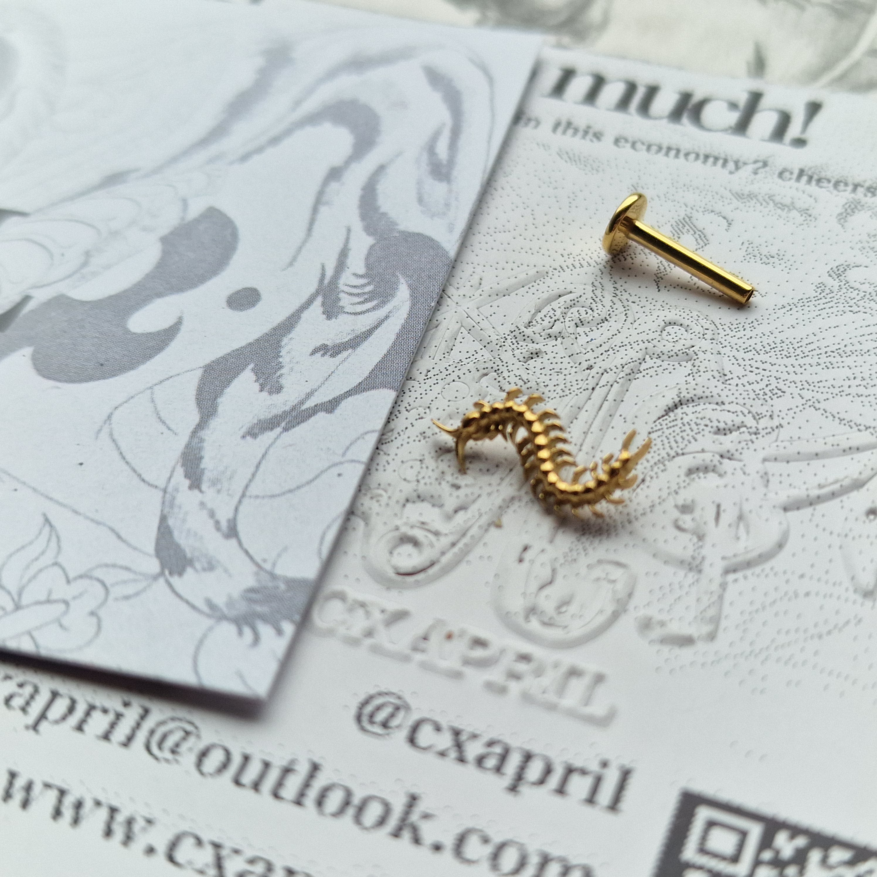 Centipede Insect Gold Titanium Stud |  Nature Body Piercings and Jewellery