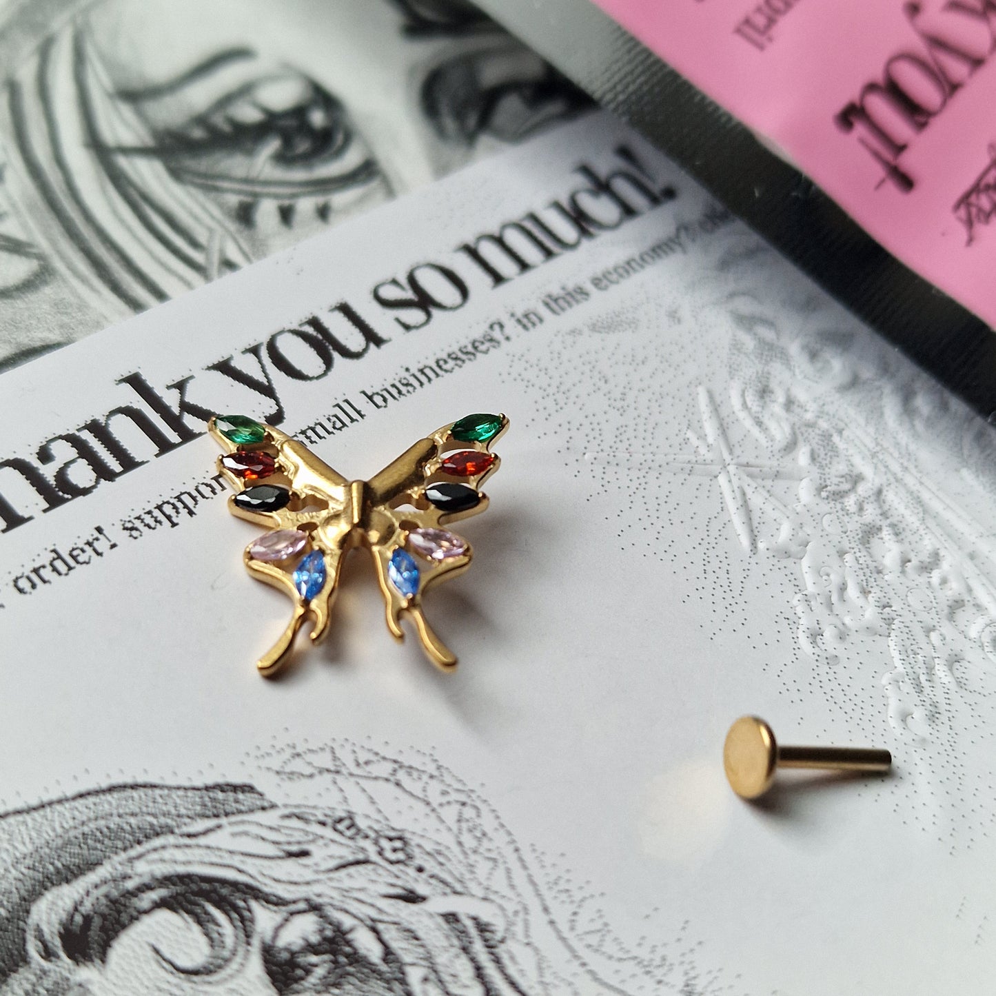 Jeweled Vintage Clown Pendant Rainbow Butterfly Earrings  | Zircon Titanium Silver Body Piercing