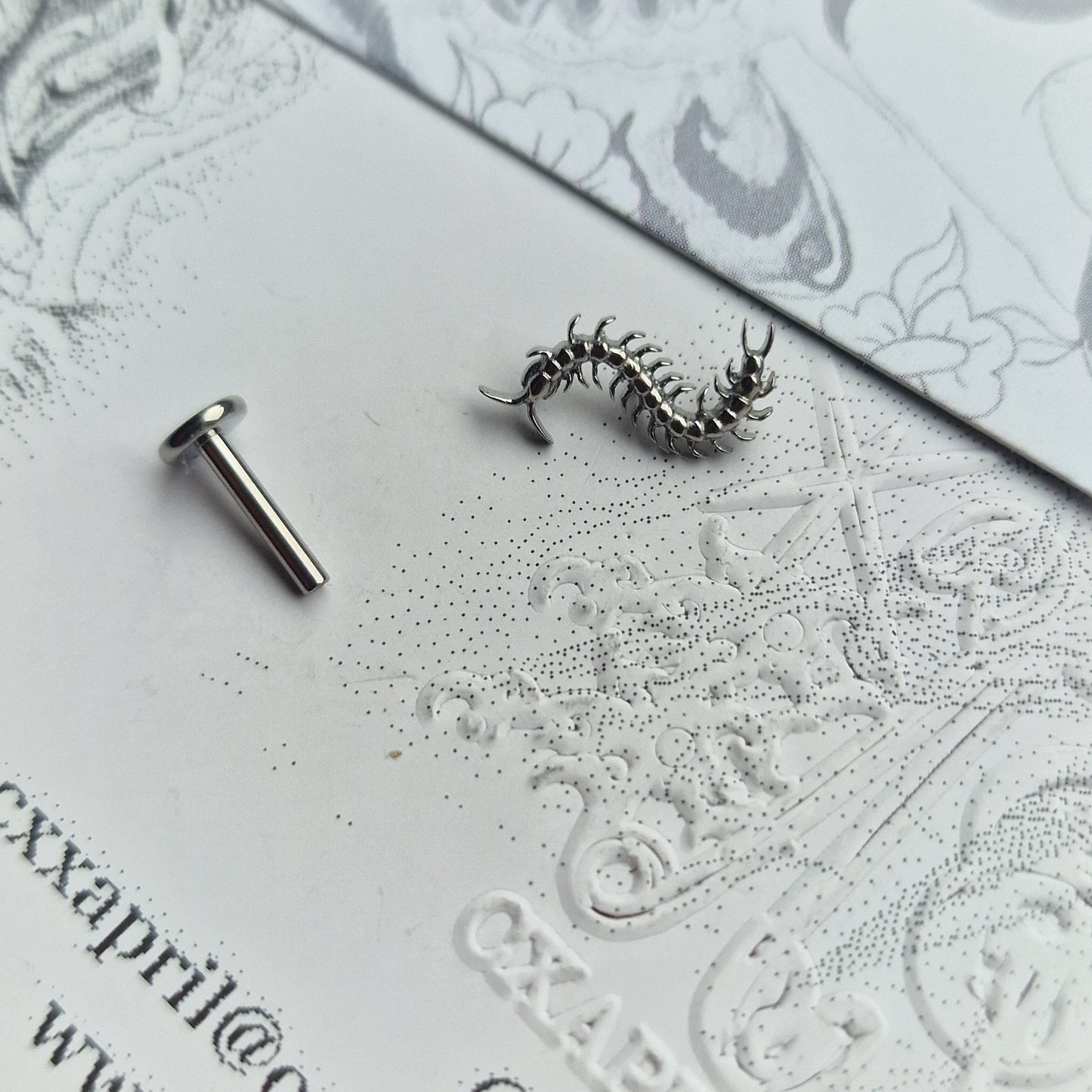 Centipede Insect Silver Titanium Stud |  Nature Body Piercings and Jewellery