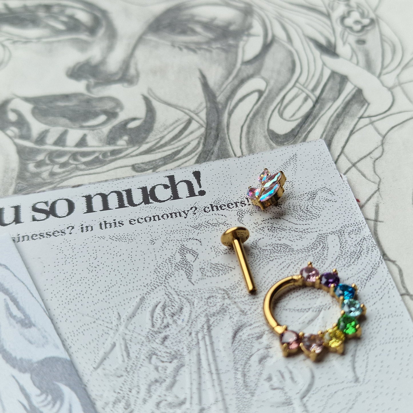 Rainbow Iridescent Set Titanium Gold Cartilage Stud / Hoop Set | Body Piercings Alt Jewellery