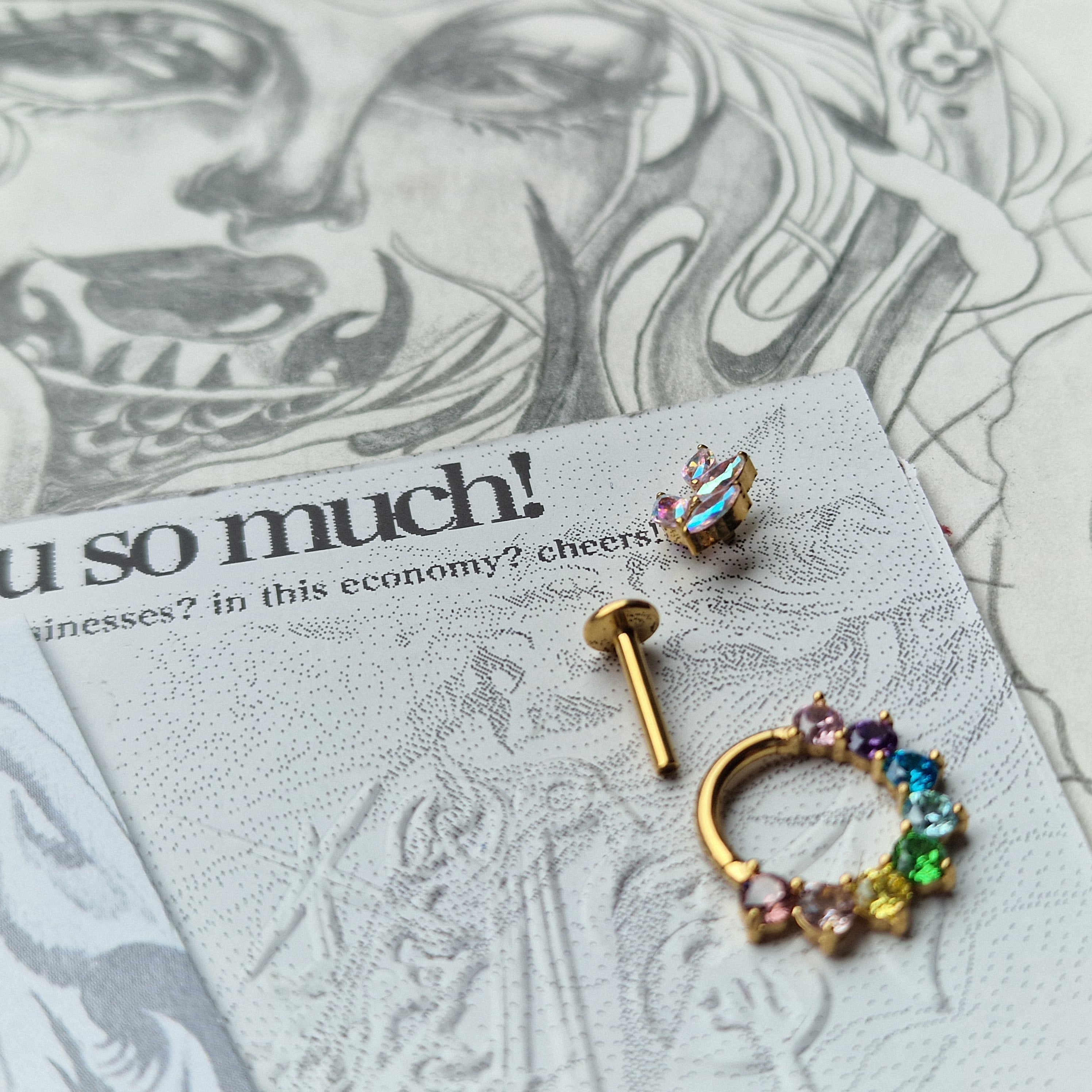 Rainbow Iridescent Set Titanium Gold Cartilage Stud / Hoop Set | Body Piercings Alt Jewellery