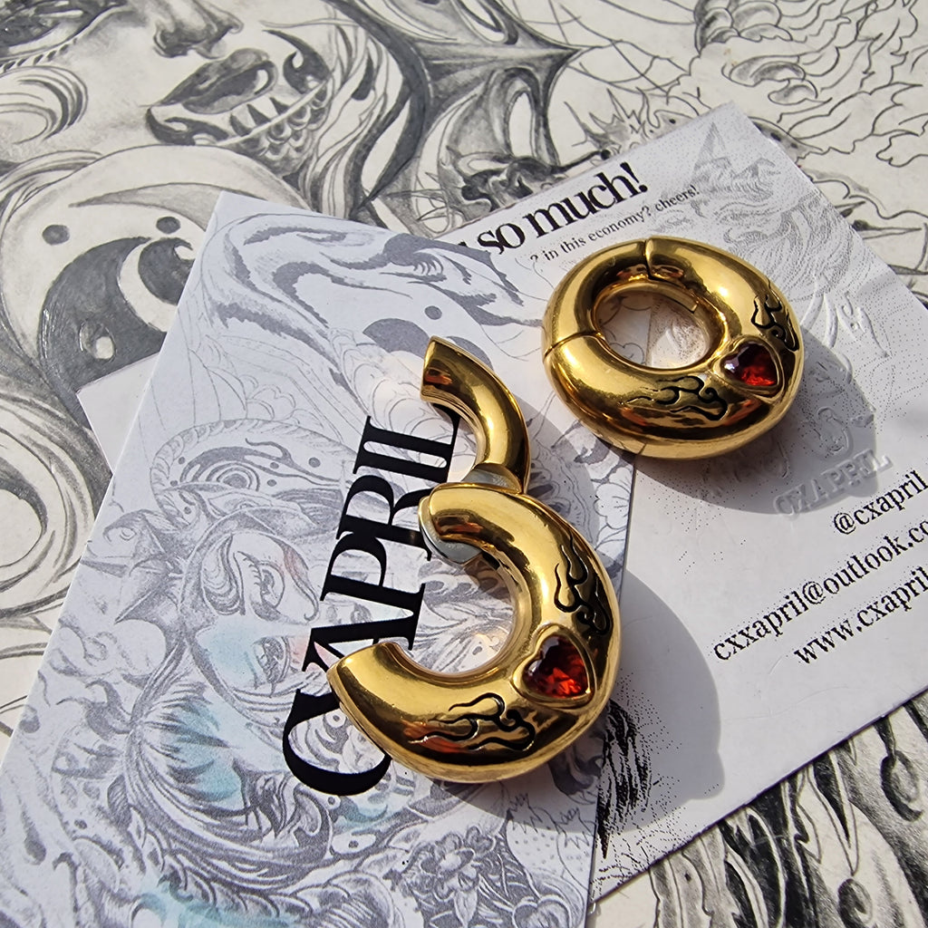 6MM 2G Red Flame Heart x Tribal Tattoo Ear Weights | Stretched Lobes