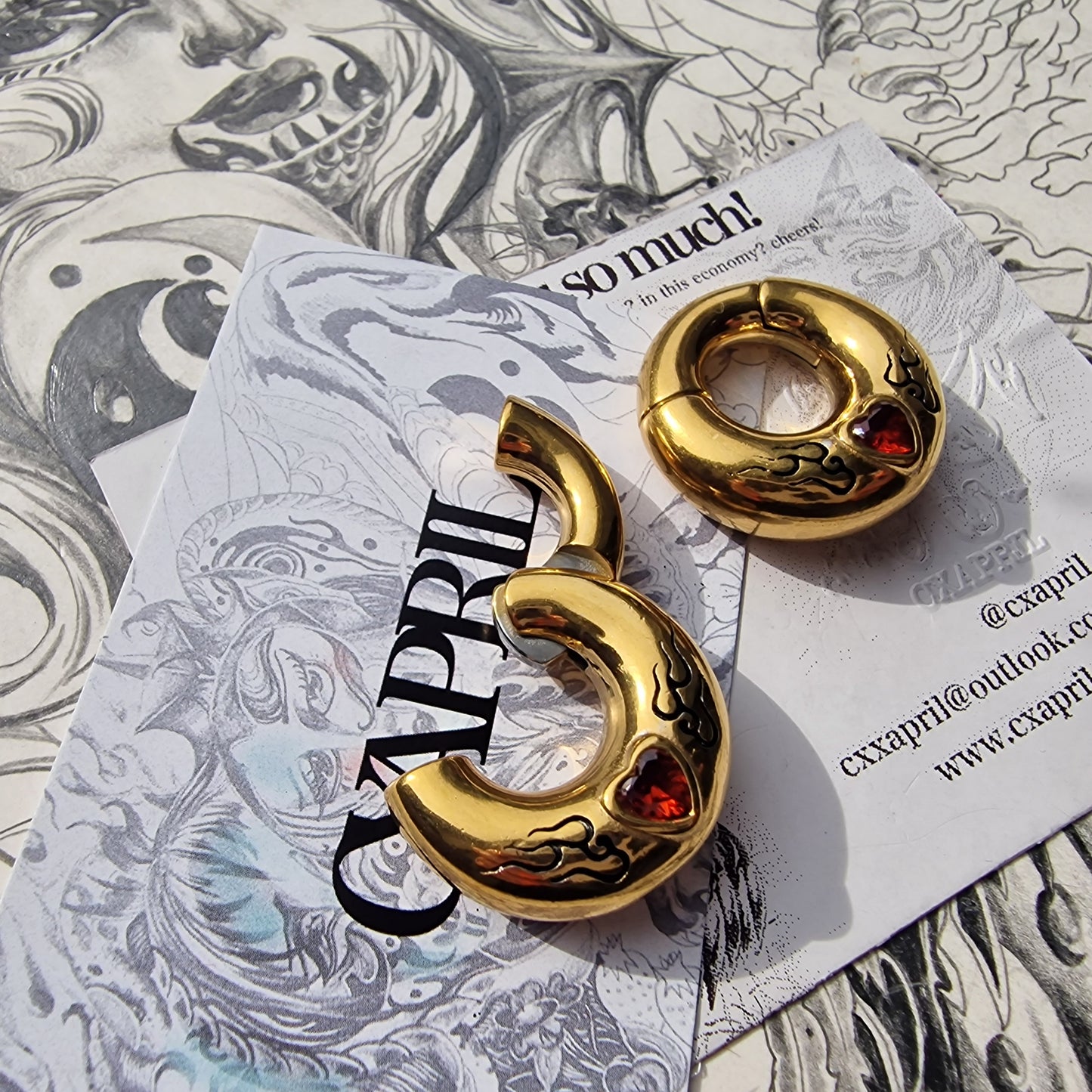 6MM 2G Red Flame Heart x Tribal Tattoo Ear Weights | Stretched Lobes