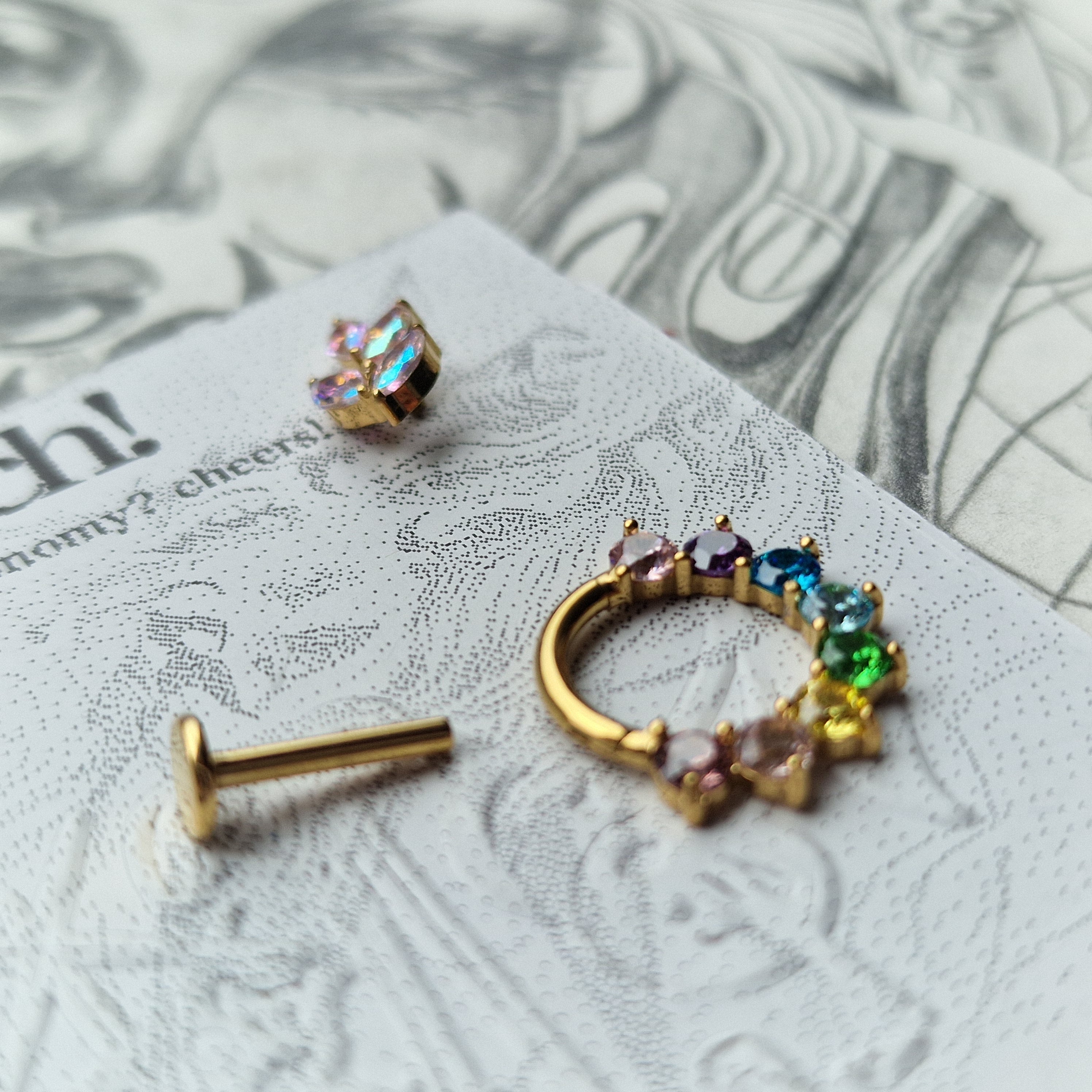 Rainbow Iridescent Set Titanium Gold Cartilage Stud / Hoop Set | Body Piercings Alt Jewellery