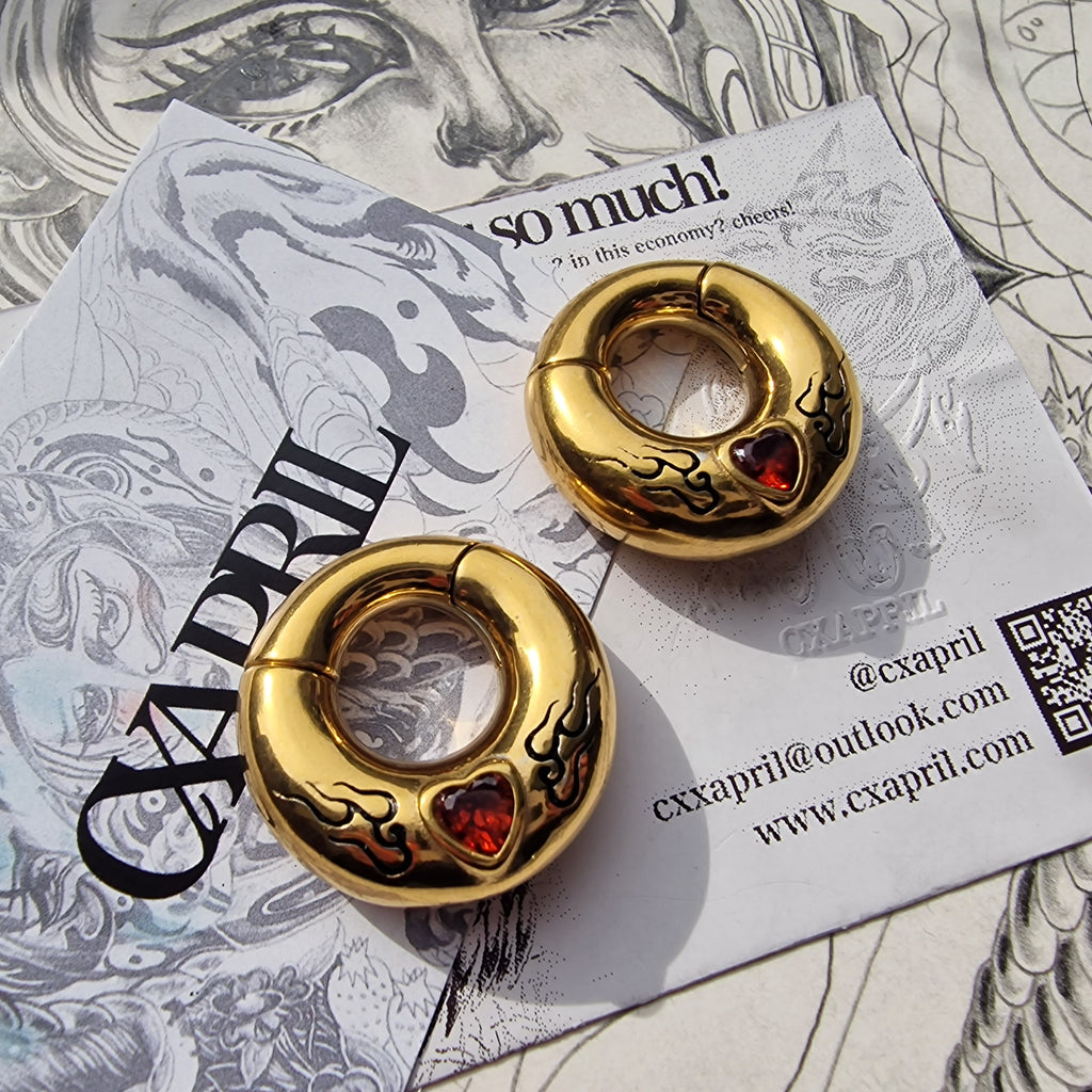 6MM 2G Red Flame Heart x Tribal Tattoo Ear Weights | Stretched Lobes