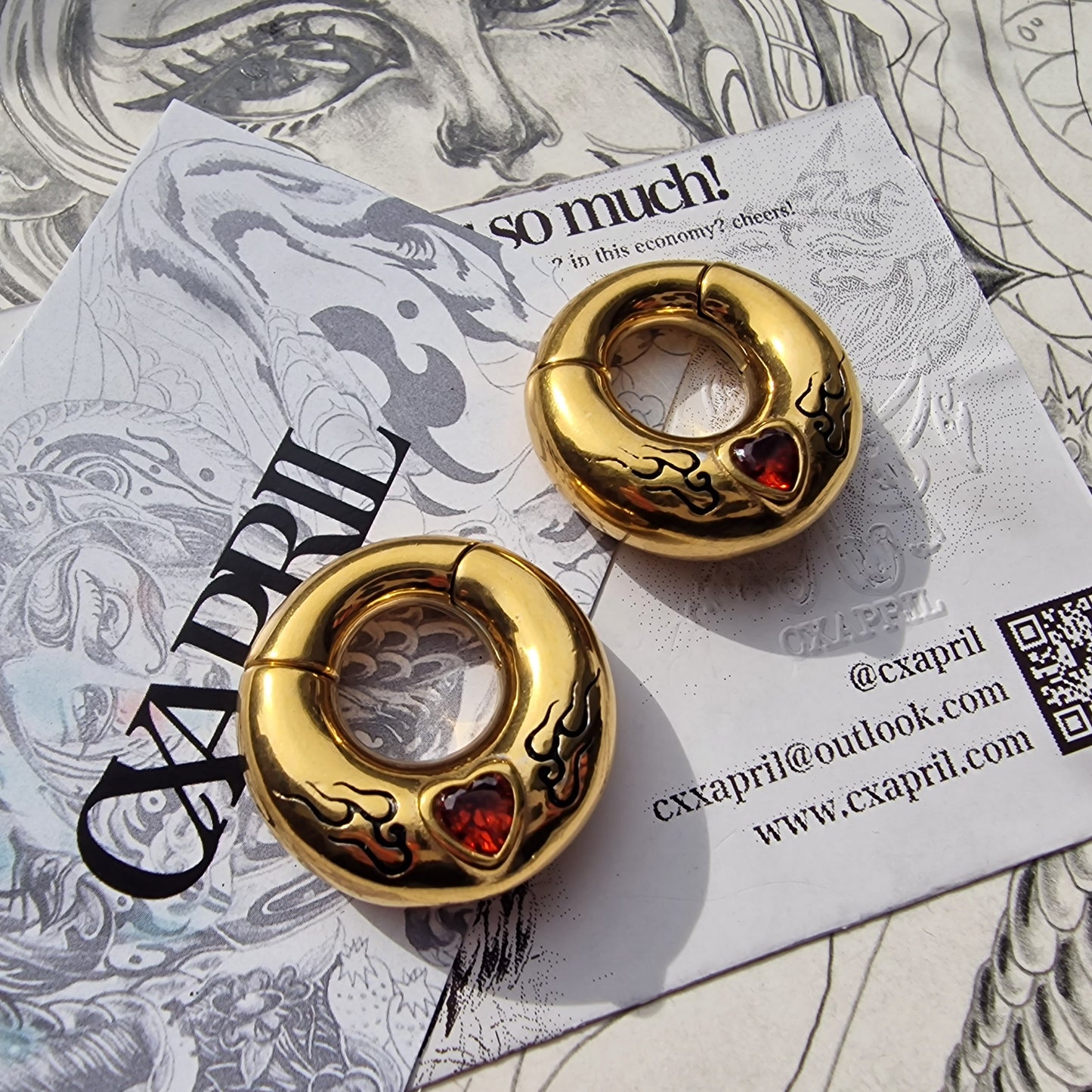 6MM 2G Red Flame Heart x Tribal Tattoo Ear Weights | Stretched Lobes