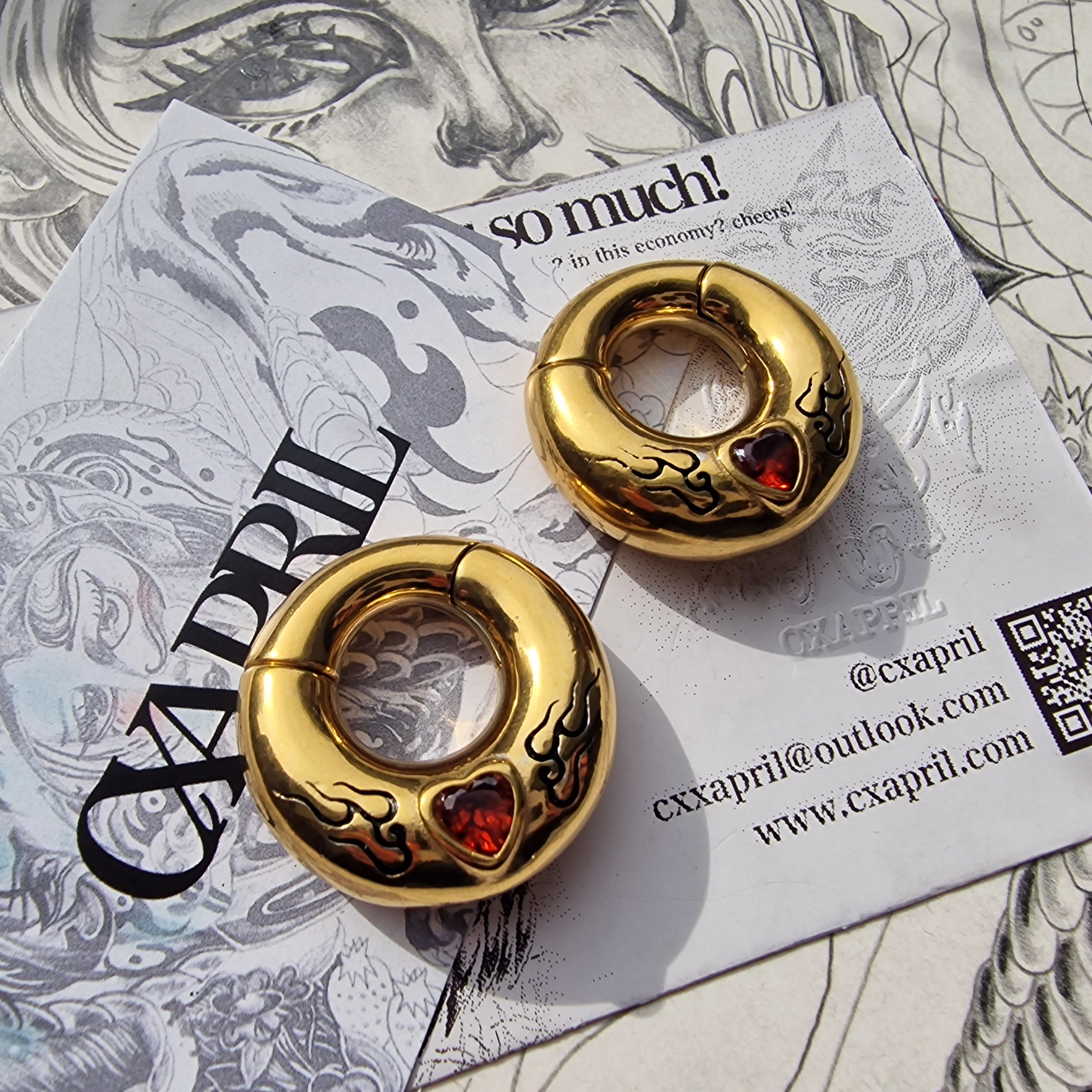 6MM 2G Red Flame Heart x Tribal Tattoo Ear Weights | Stretched Lobes
