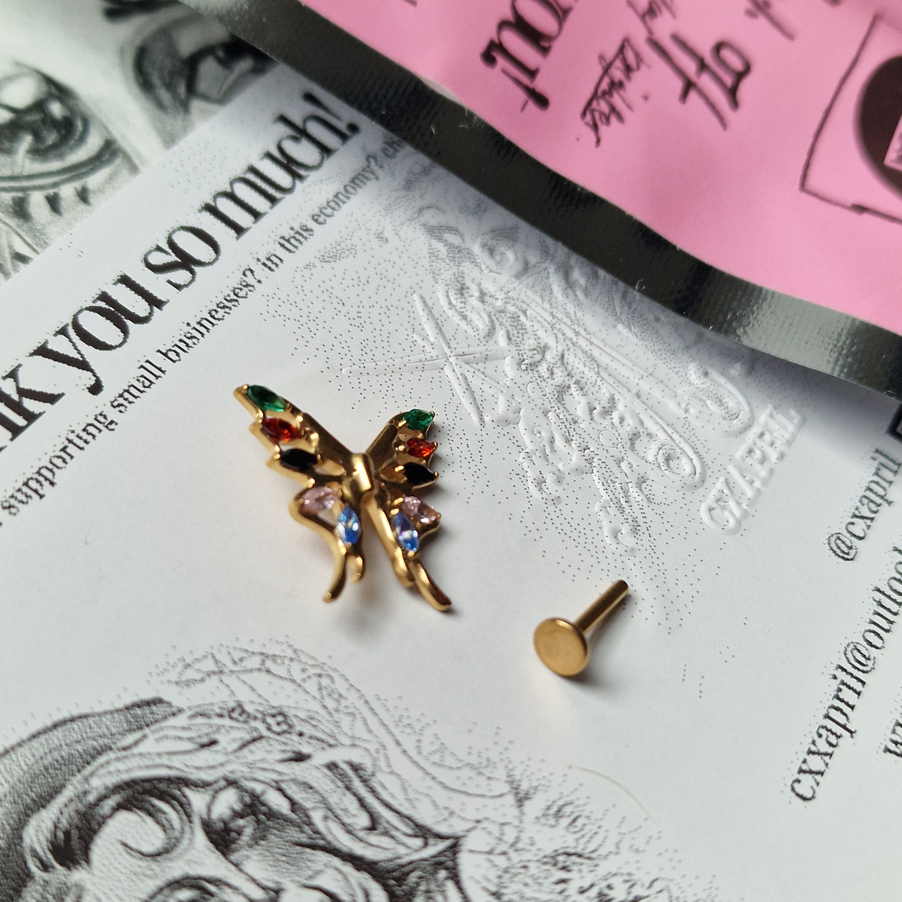 Jeweled Vintage Clown Pendant Rainbow Butterfly Earrings  | Zircon Titanium Silver Body Piercing