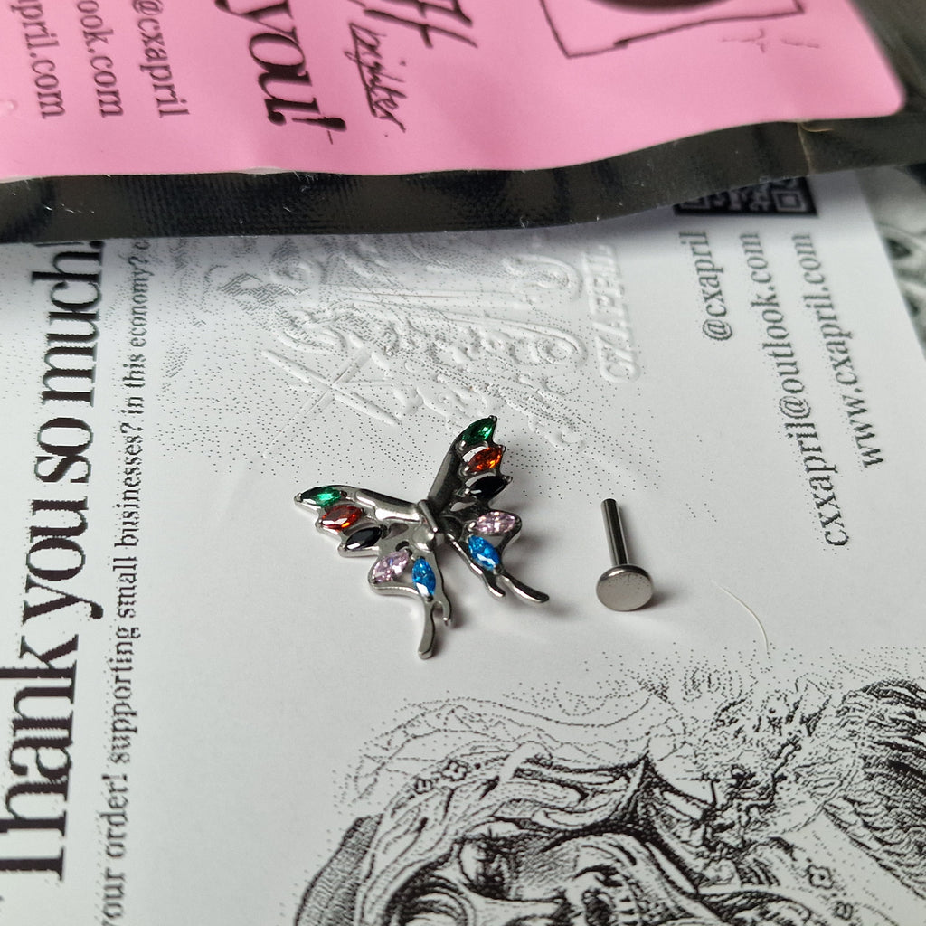 Jeweled Vintage Clown Pendant Rainbow Butterfly Earrings  | Zircon Titanium Silver Body Piercing