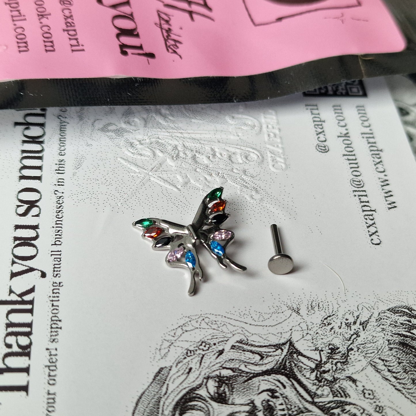 Jeweled Vintage Clown Pendant Rainbow Butterfly Earrings  | Zircon Titanium Silver Body Piercing