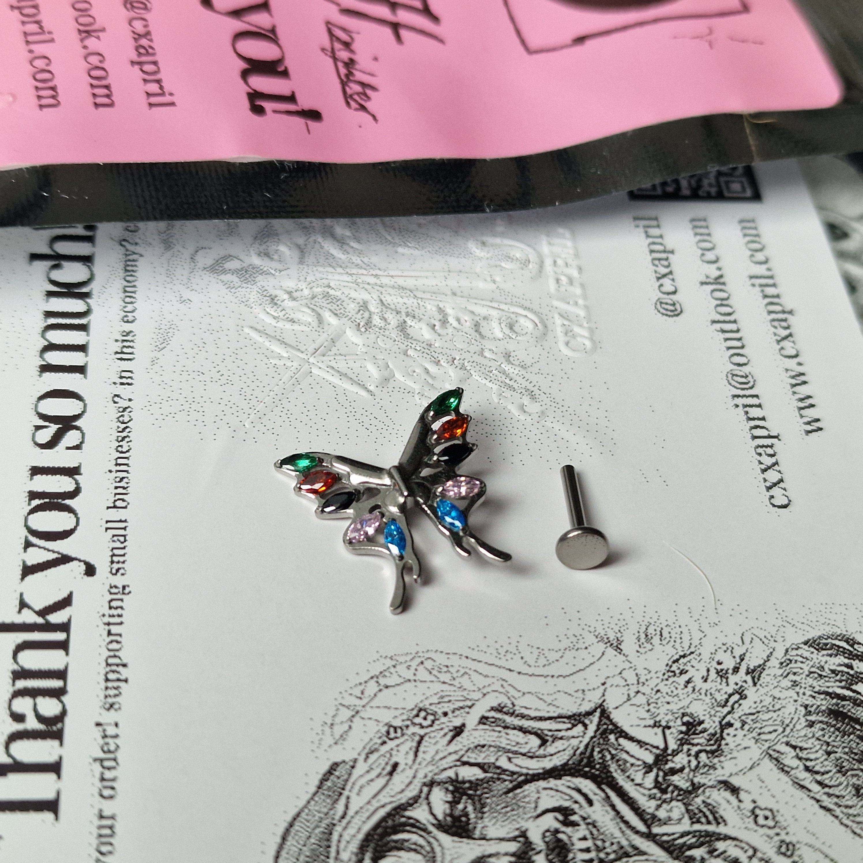 Jeweled Vintage Clown Pendant Rainbow Butterfly Earrings  | Zircon Titanium Silver Body Piercing