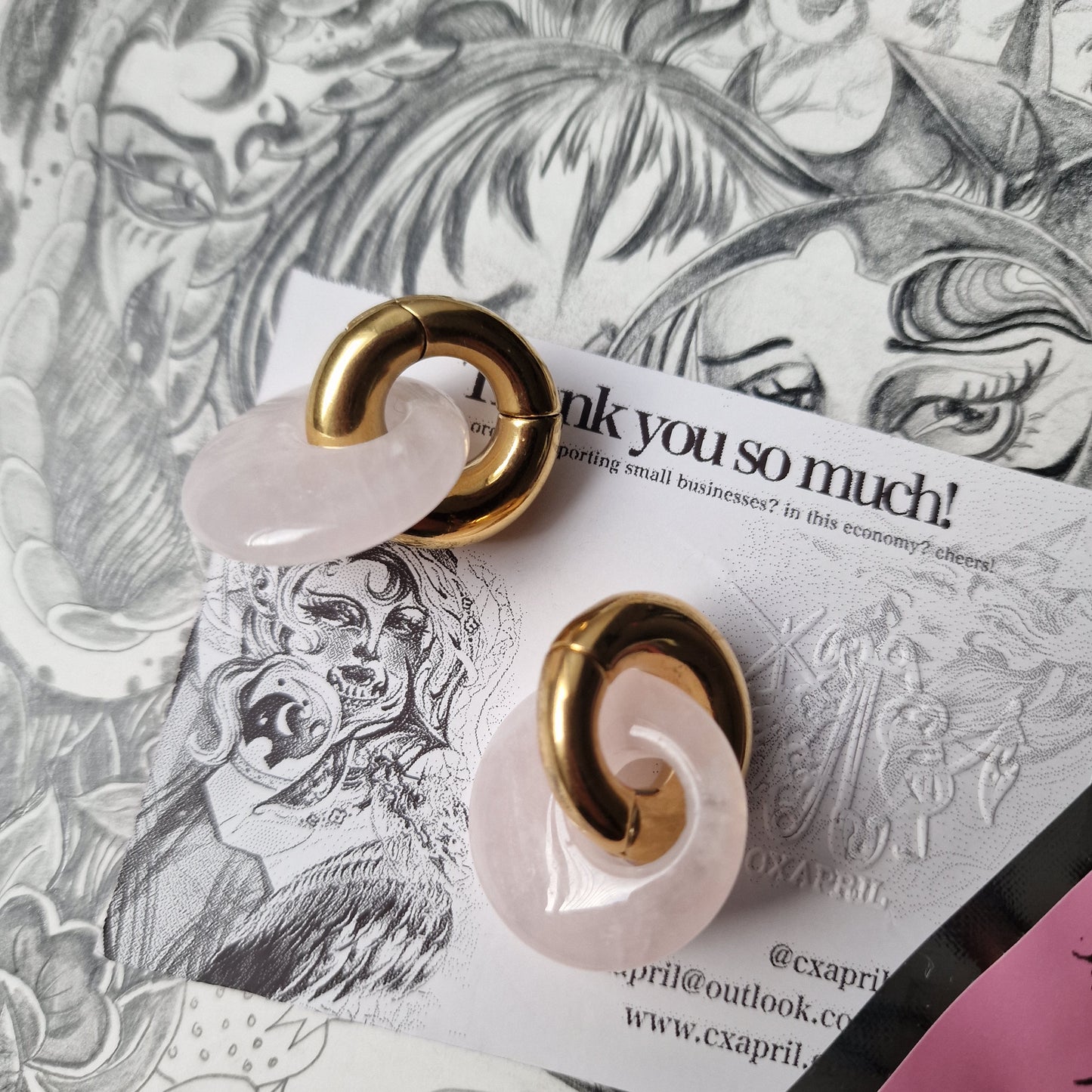 Gold Ear Weights Pink Jade Stone Organic Ear Weights Plugs Gauges Tunnels Alt