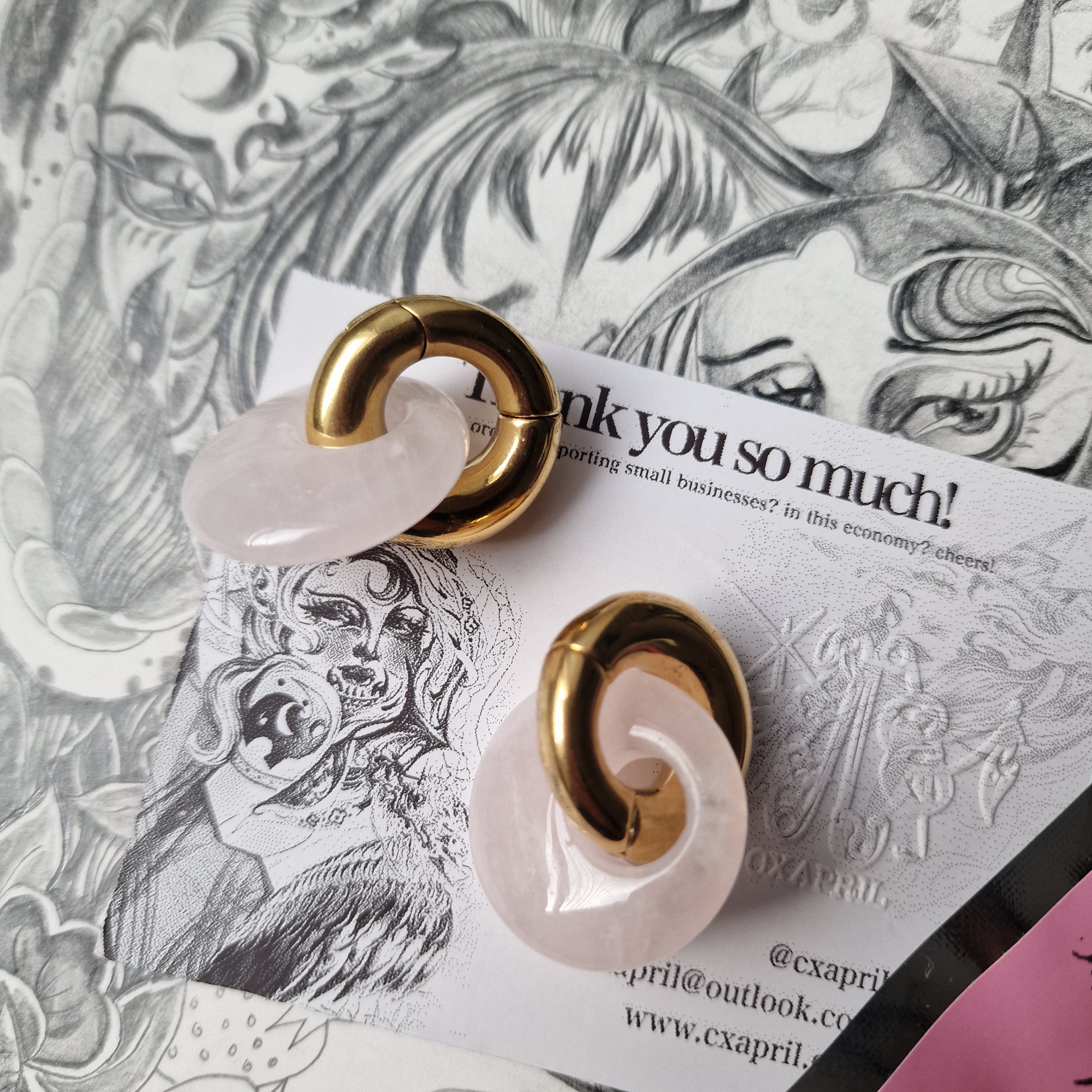 Gold Ear Weights Pink Jade Stone Organic Ear Weights Plugs Gauges Tunnels Alt