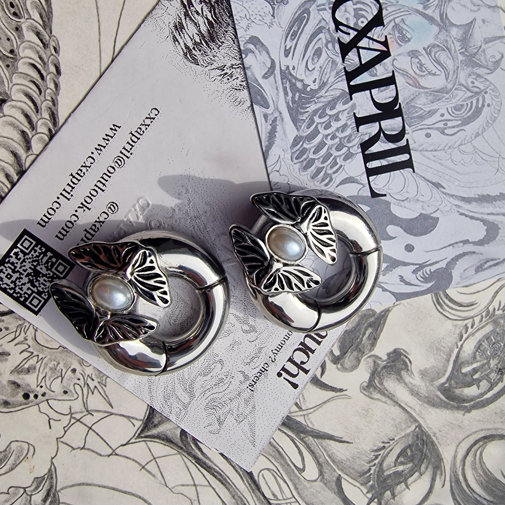 6MM 2G Twin Flame Butterfly Pearl Silver Ear Weights | Stretched Ears