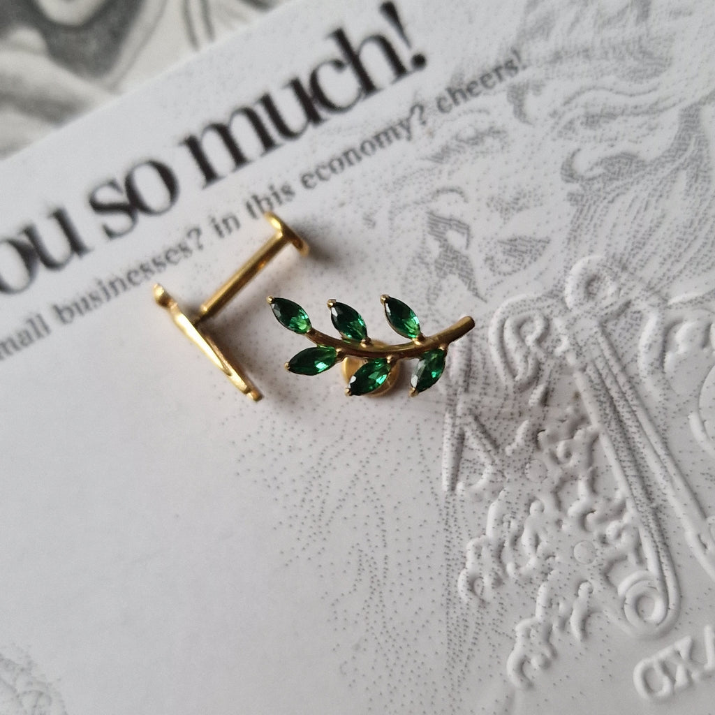 Olive Branch Leaves and Gold Birdie Asymmetric Stud Set | Gold and Green Nature Inspired Cartilage Flat Back Earrings