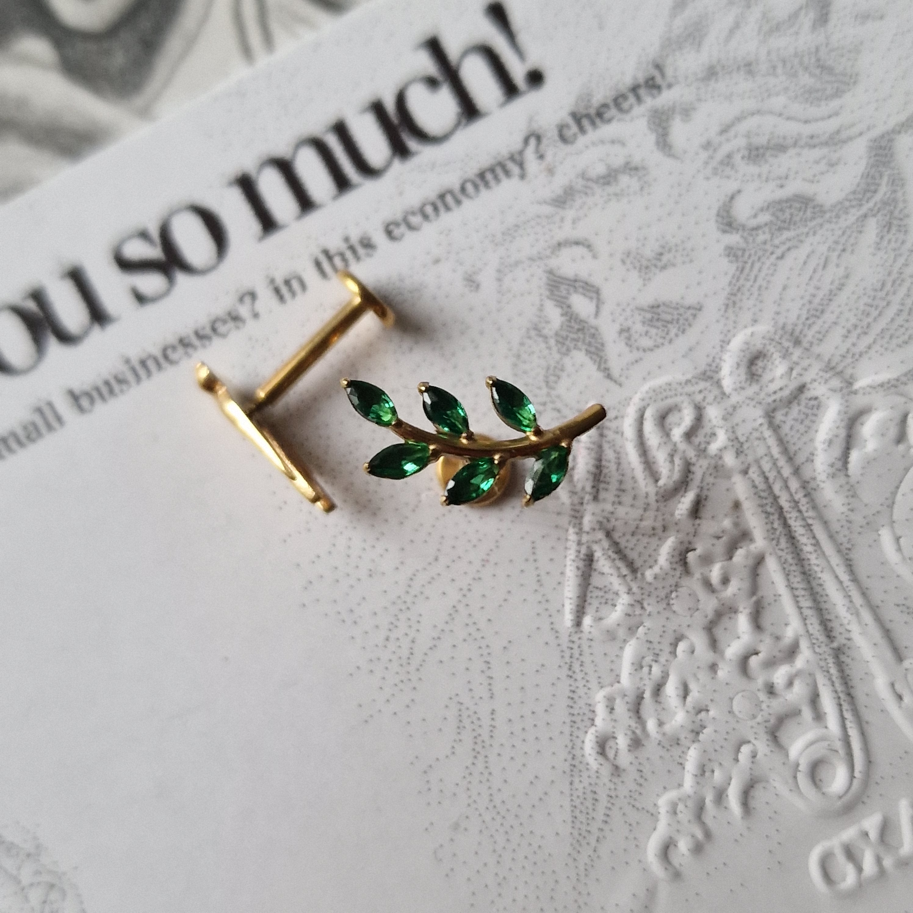 Olive Branch Leaves and Gold Birdie Asymmetric Stud Set | Gold and Green Nature Inspired Cartilage Flat Back Earrings