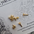 Anime Inspired Dragon and Mask Asymmetric Gold Titanium Earring Set | Titanium Gold Asian Body Piercings and Jewellery