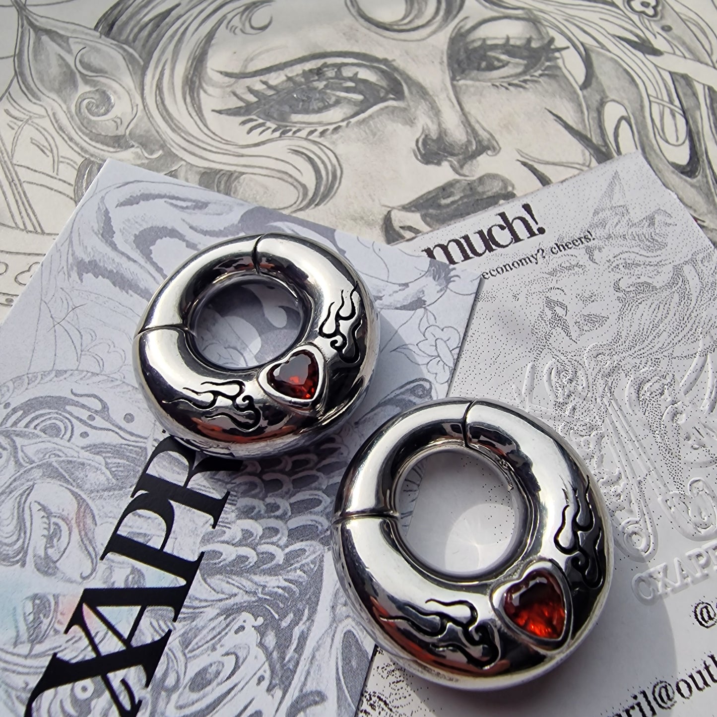 6MM 2G Red Flame x Tribal Tattoo Heart Ear Weights | Stretched Lobes