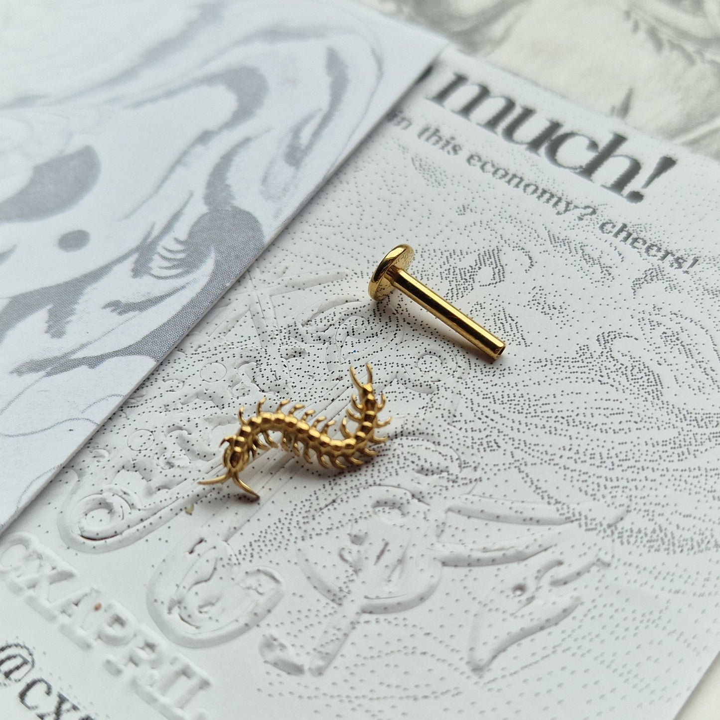 Centipede Insect Gold Titanium Stud |  Nature Body Piercings and Jewellery