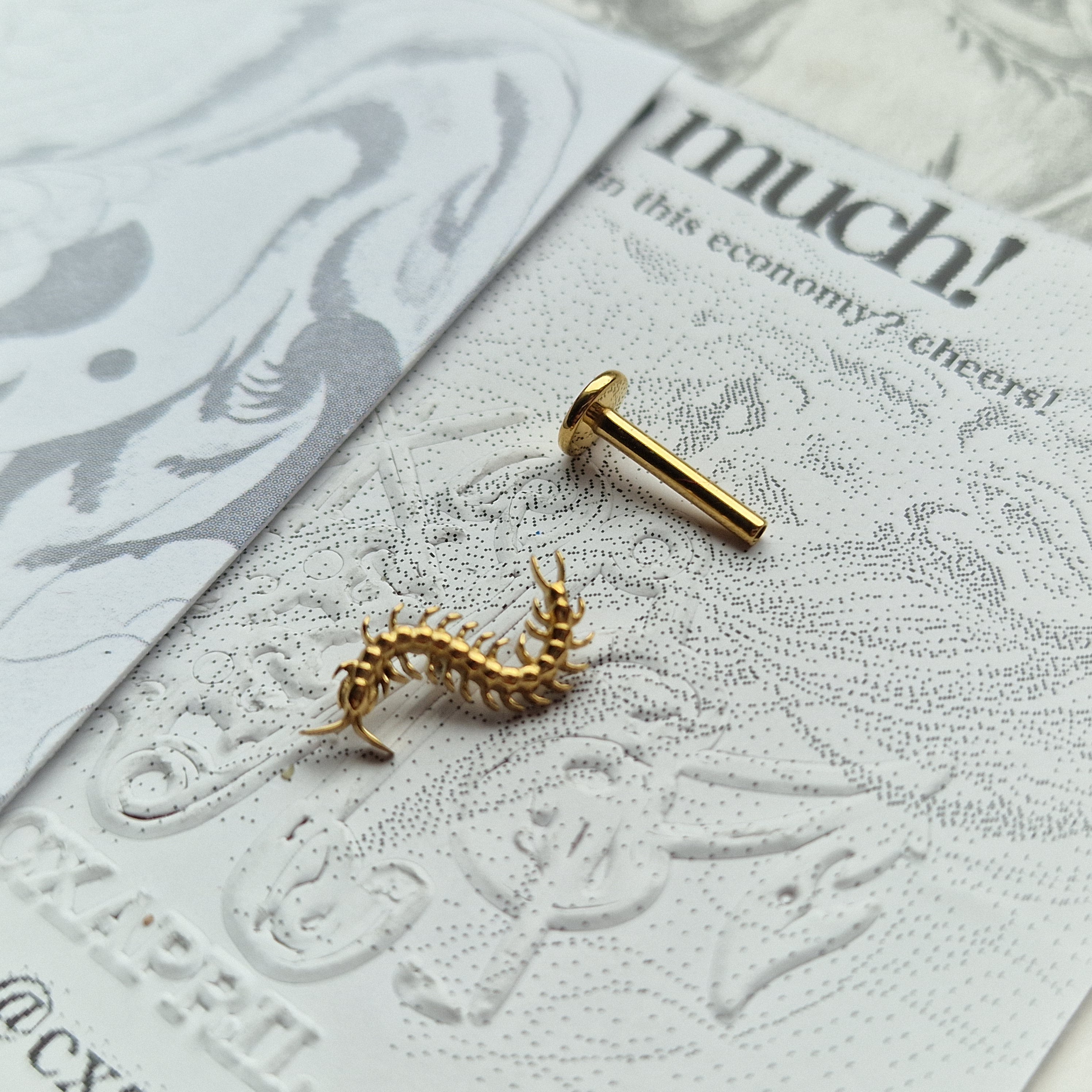 Centipede Insect Gold Titanium Stud |  Nature Body Piercings and Jewellery