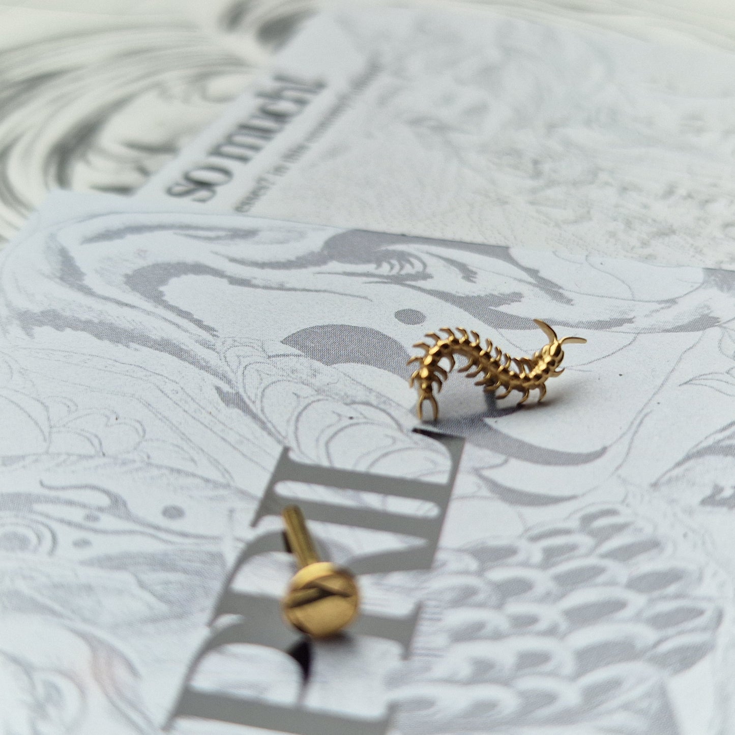 Centipede Insect Gold Titanium Stud |  Nature Body Piercings and Jewellery