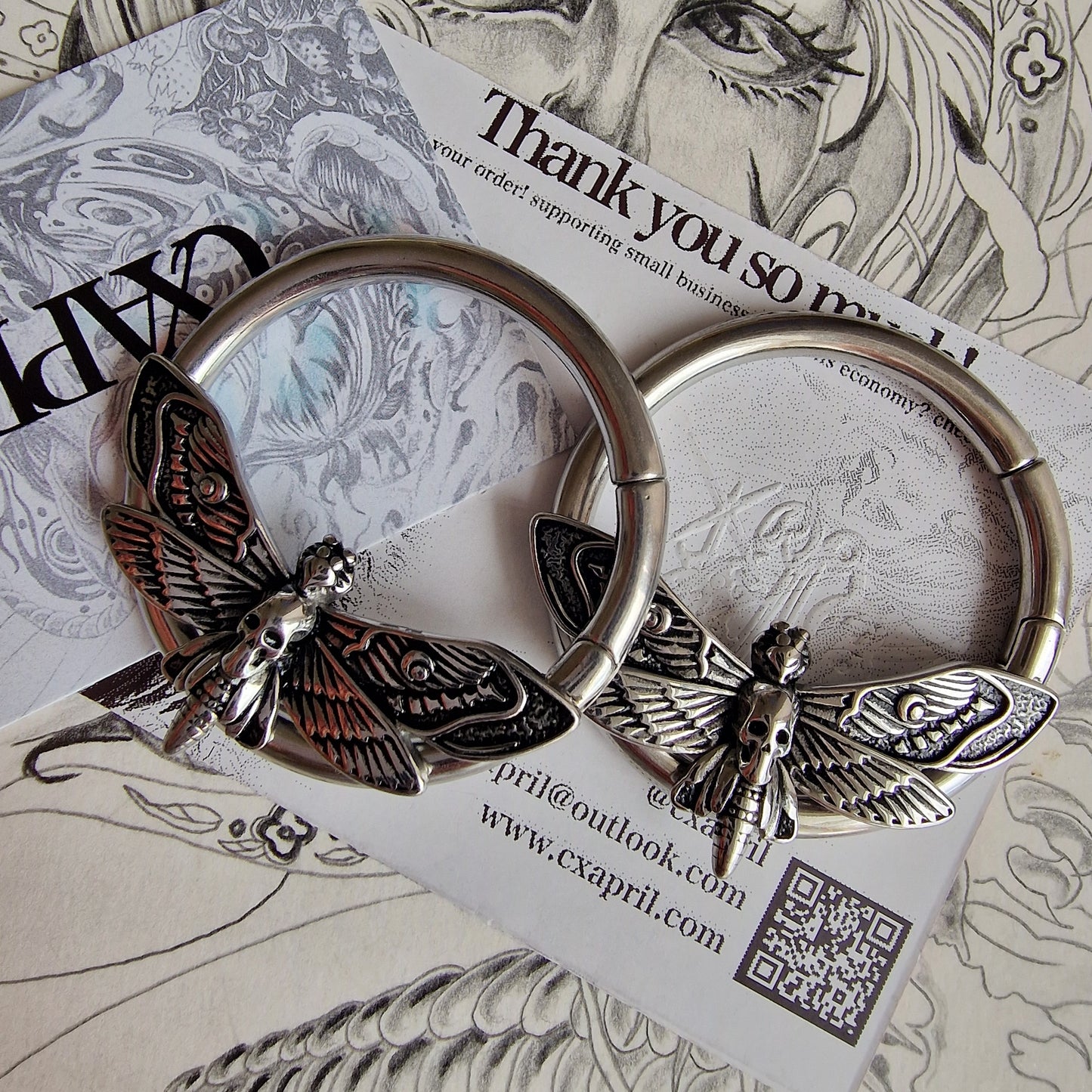 4MM 2G Silver Silence of the Death Moth | Ear Weights for Stretched Ears and Lobes