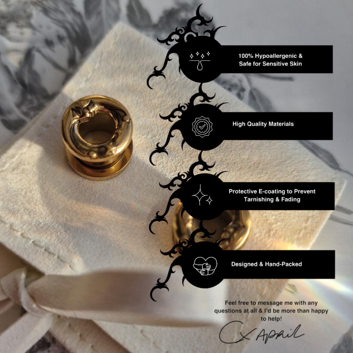 10MM 00G gold moon cresent screw tunnels | stretched lobes tunnels | plugs alt