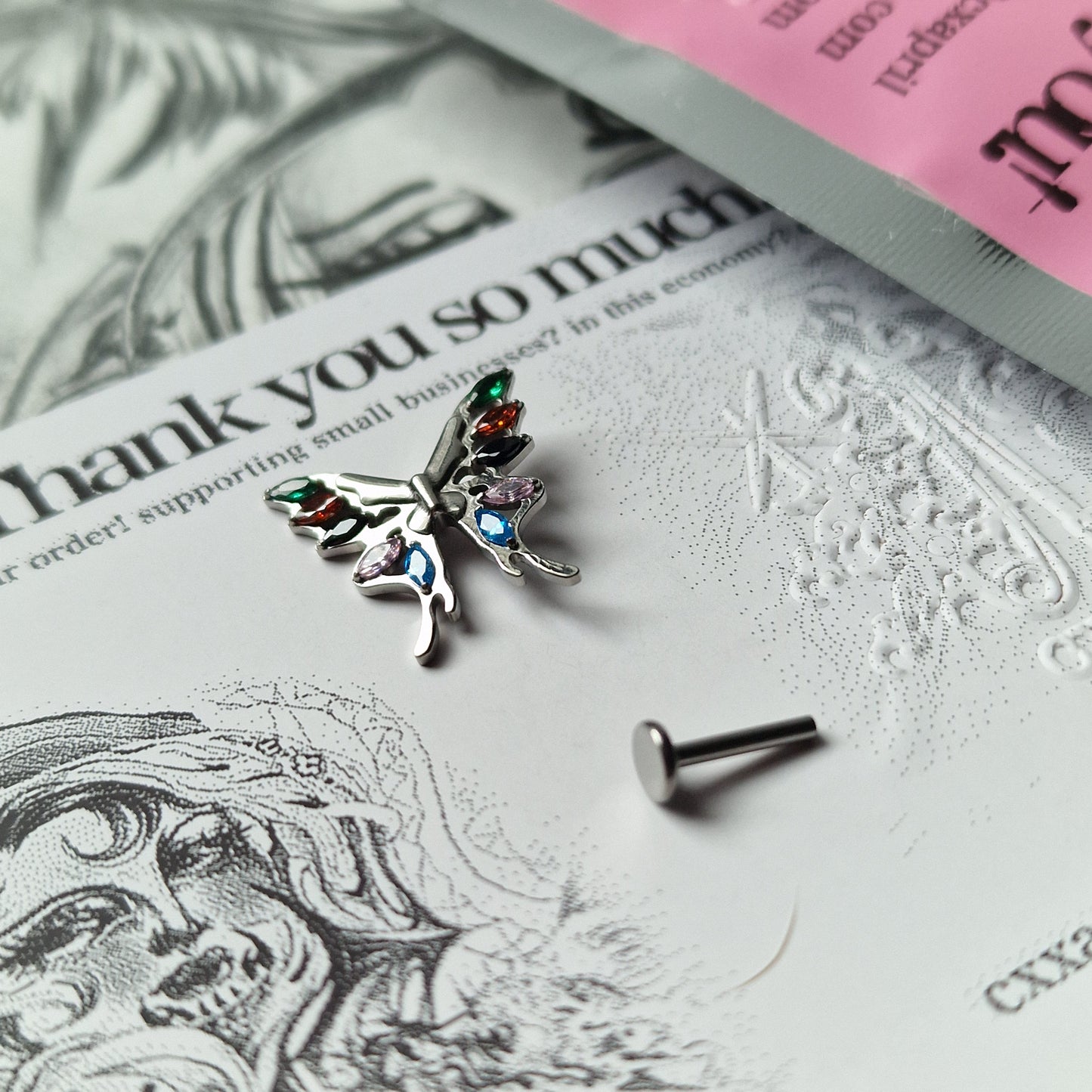 Jeweled Vintage Clown Pendant Rainbow Butterfly Earrings  | Zircon Titanium Silver Body Piercing