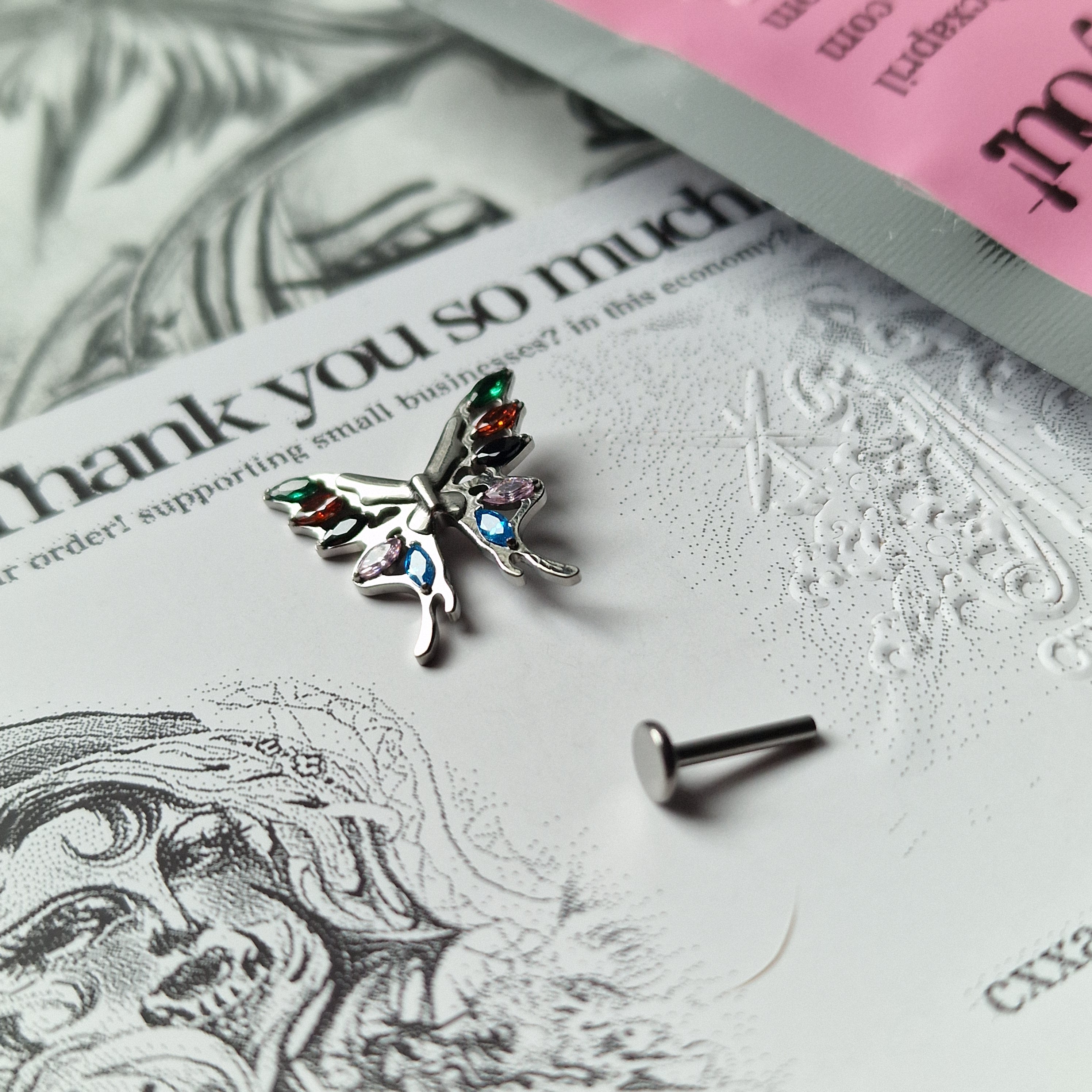 Jeweled Vintage Clown Pendant Rainbow Butterfly Earrings  | Zircon Titanium Silver Body Piercing