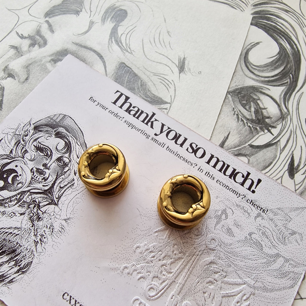 10MM 00G Gold Moon Cresent Screw Tunnels | Jewellery for Stretched Ears and Lobes