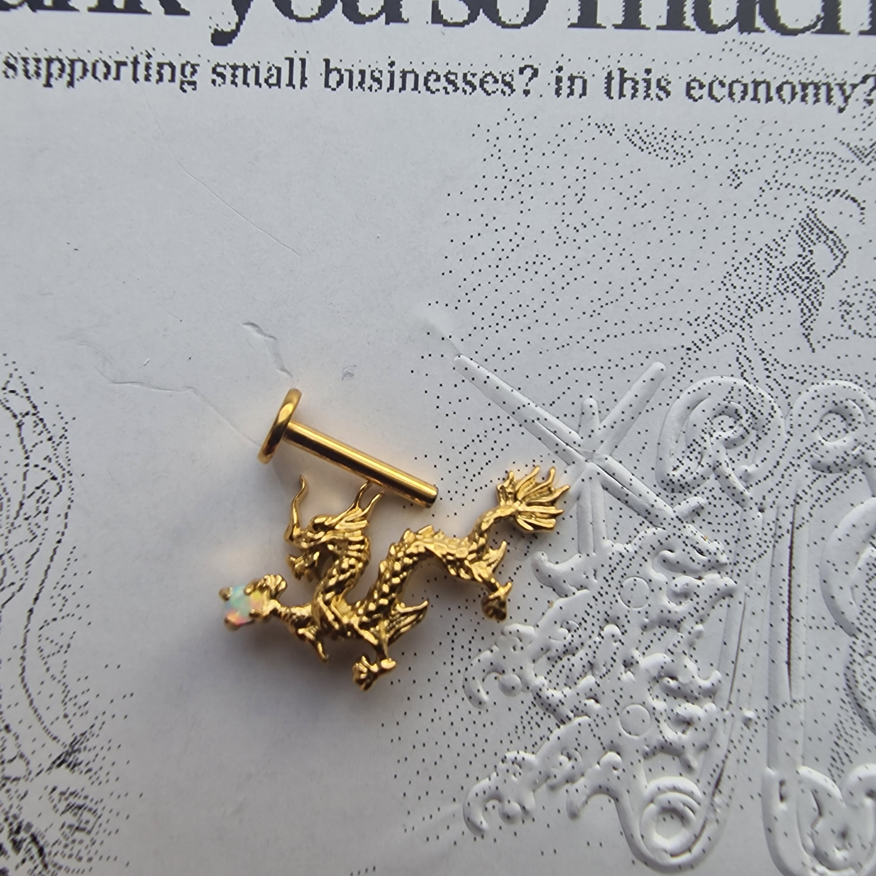 Anime Inspired Dragon and Mask Asymmetric Gold Titanium Earring Set | Titanium Gold Asian Body Piercings and Jewellery