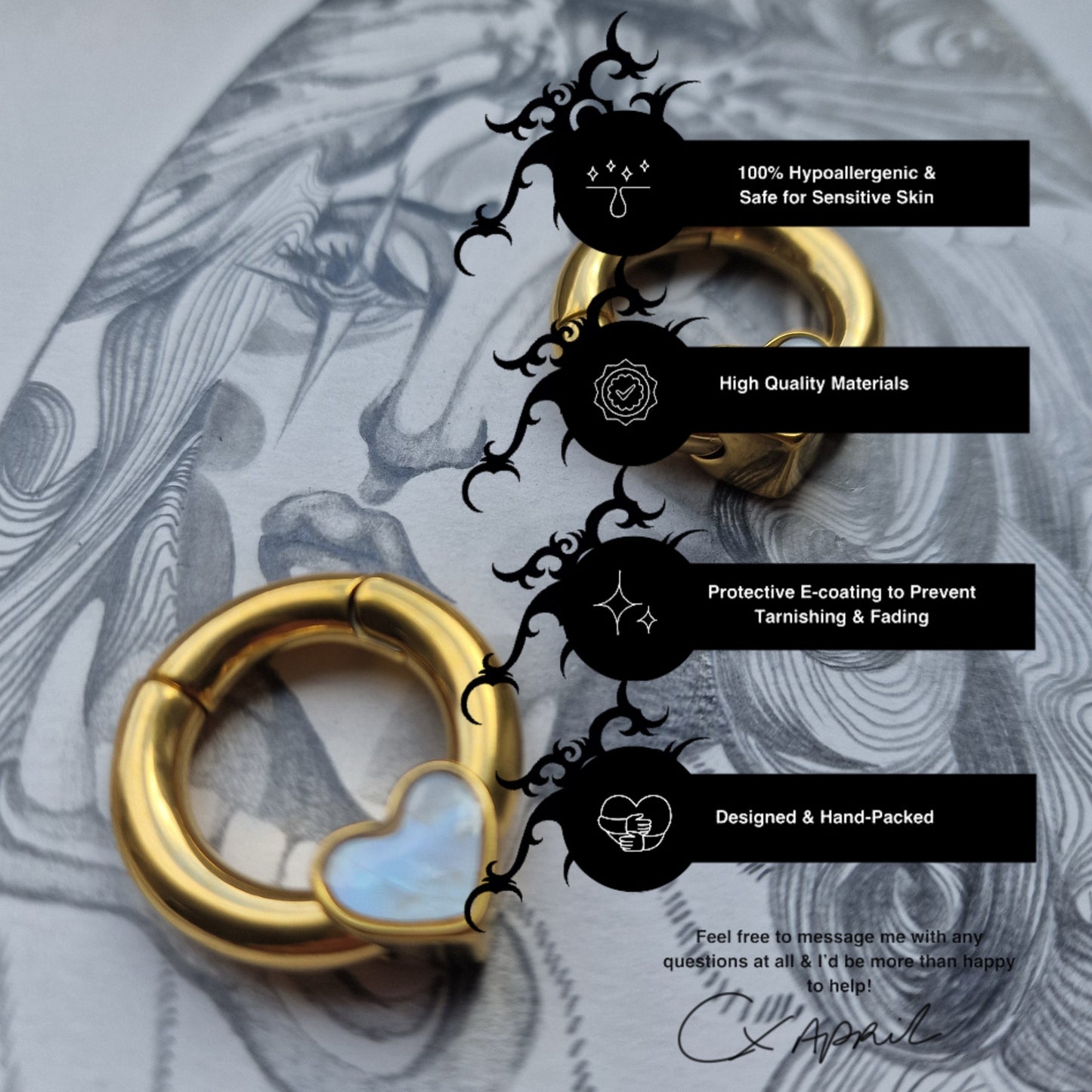 6MM 2G Heart Gold Hoop Hangers Ear Weight | Mother of pearl hangers Tapers Plugs