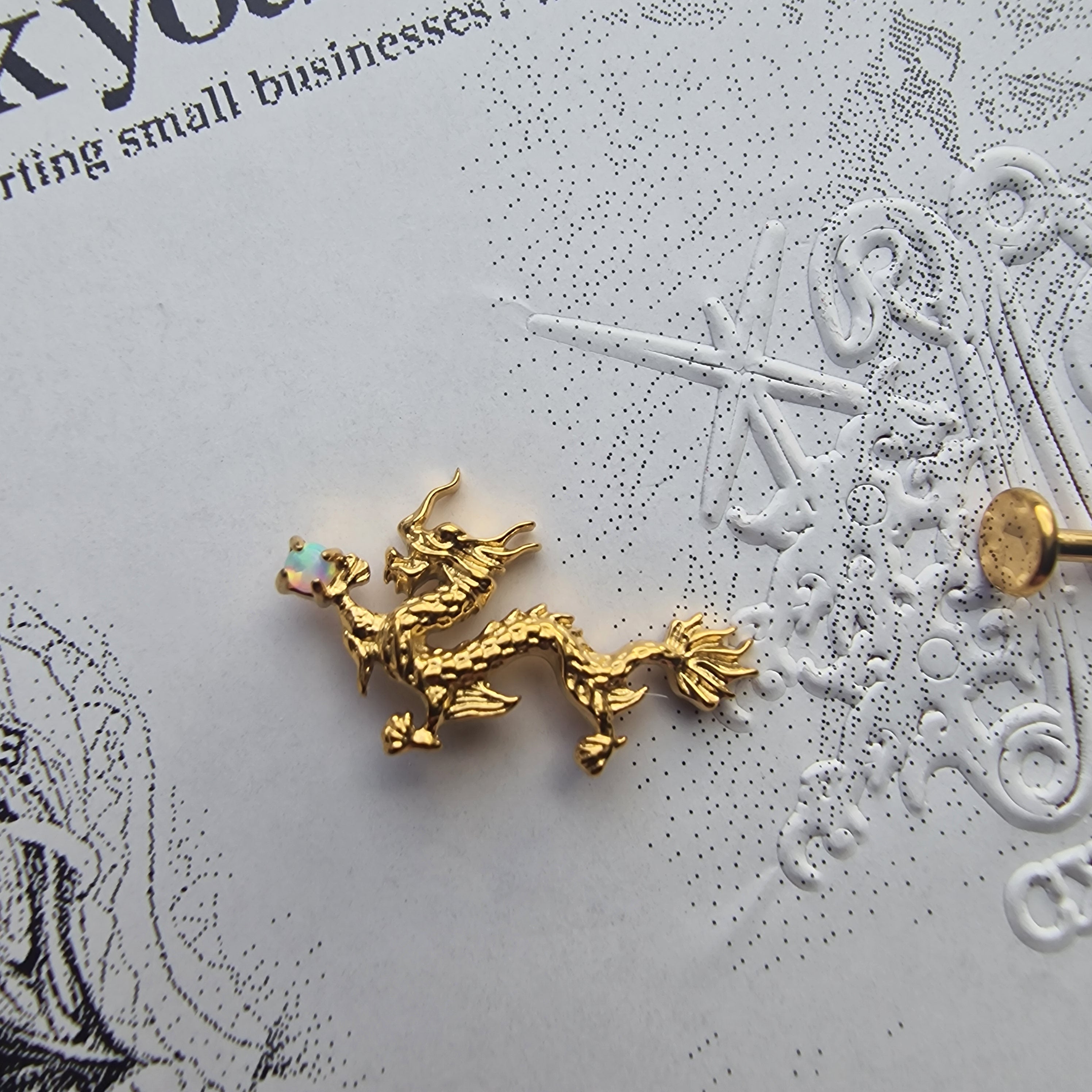 Anime Inspired Dragon and Mask Asymmetric Gold Titanium Earring Set | Titanium Gold Asian Body Piercings and Jewellery