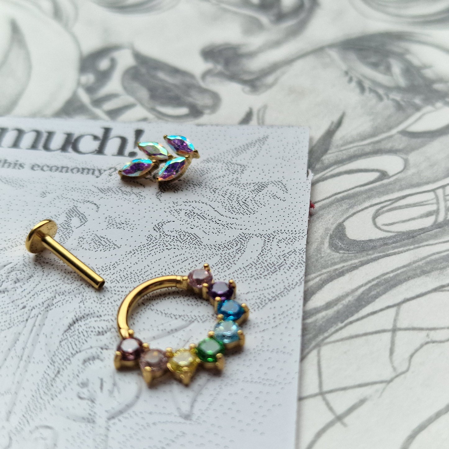 Rainbow Iridescent Set Titanium Gold Cartilage Stud / Hoop Set | Body Piercings Alt Jewellery