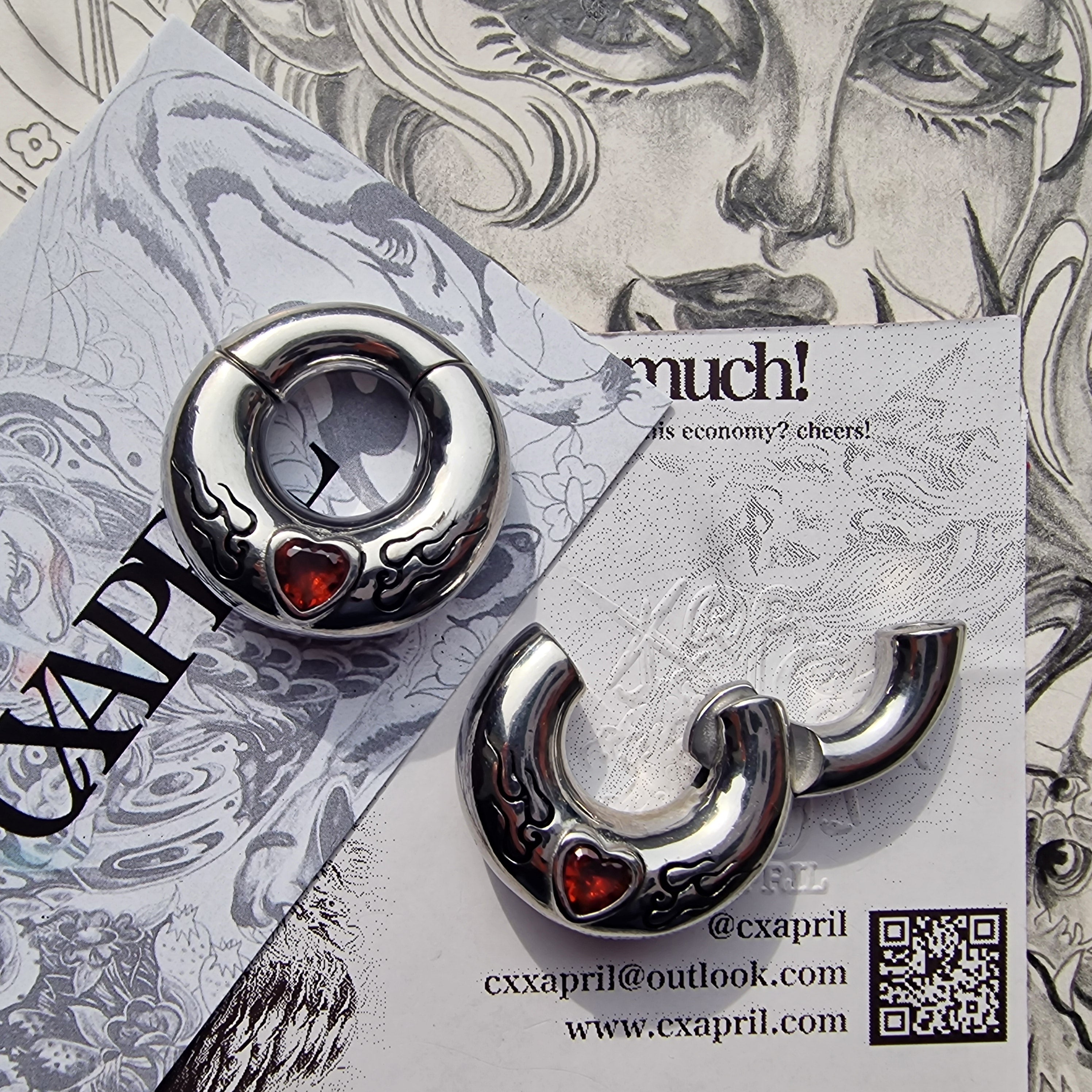 6MM 2G Red Flame x Tribal Tattoo Heart Ear Weights | Stretched Lobes