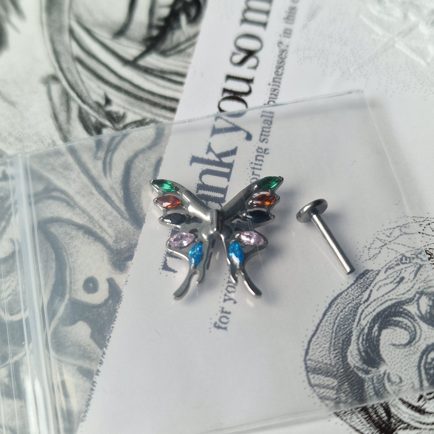 Jeweled Vintage Clown Pendant Rainbow Butterfly Earrings  | Zircon Titanium Silver Body Piercing