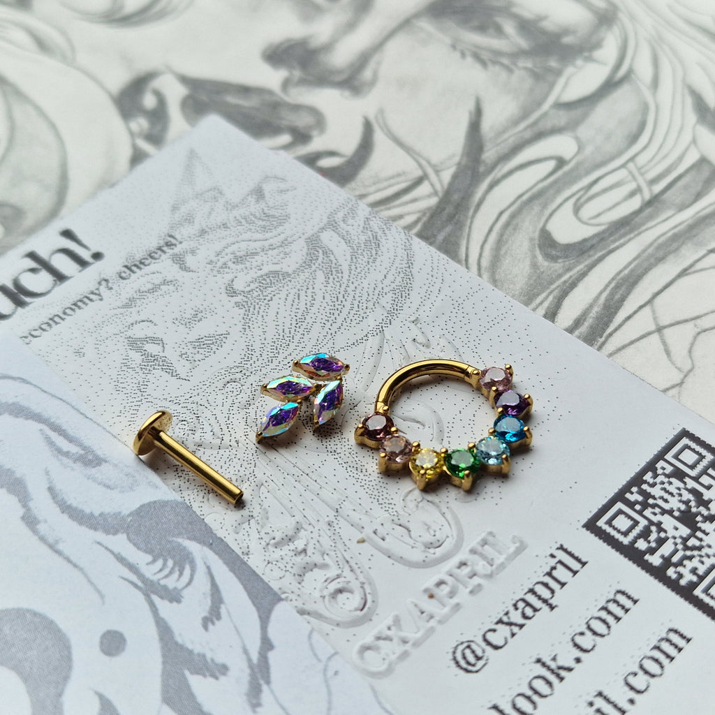 Rainbow Iridescent Set Titanium Gold Cartilage Stud / Hoop Set | Body Piercings Alt Jewellery
