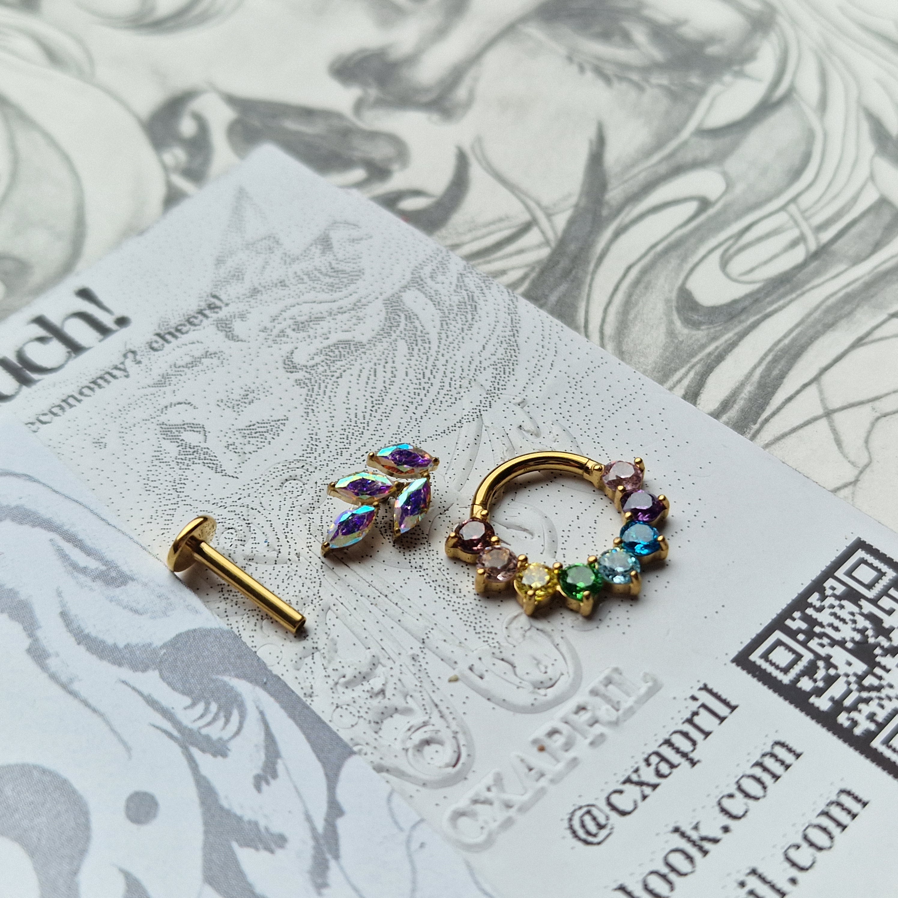 Rainbow Iridescent Set Titanium Gold Cartilage Stud / Hoop Set | Body Piercings Alt Jewellery