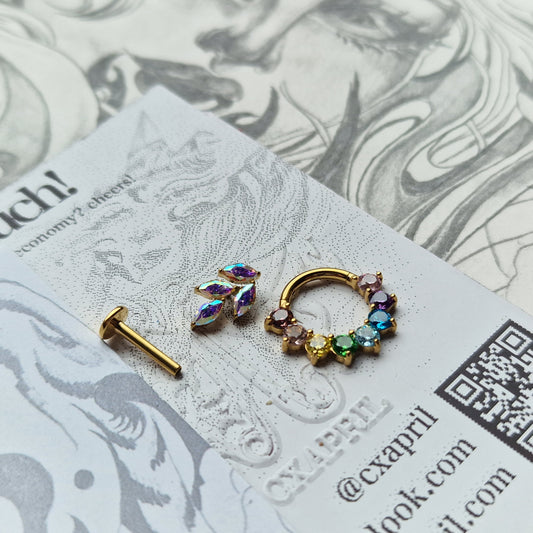 Rainbow Iridescent Set Titanium Gold Cartilage Stud / Hoop Set | Body Piercings Alt Jewellery