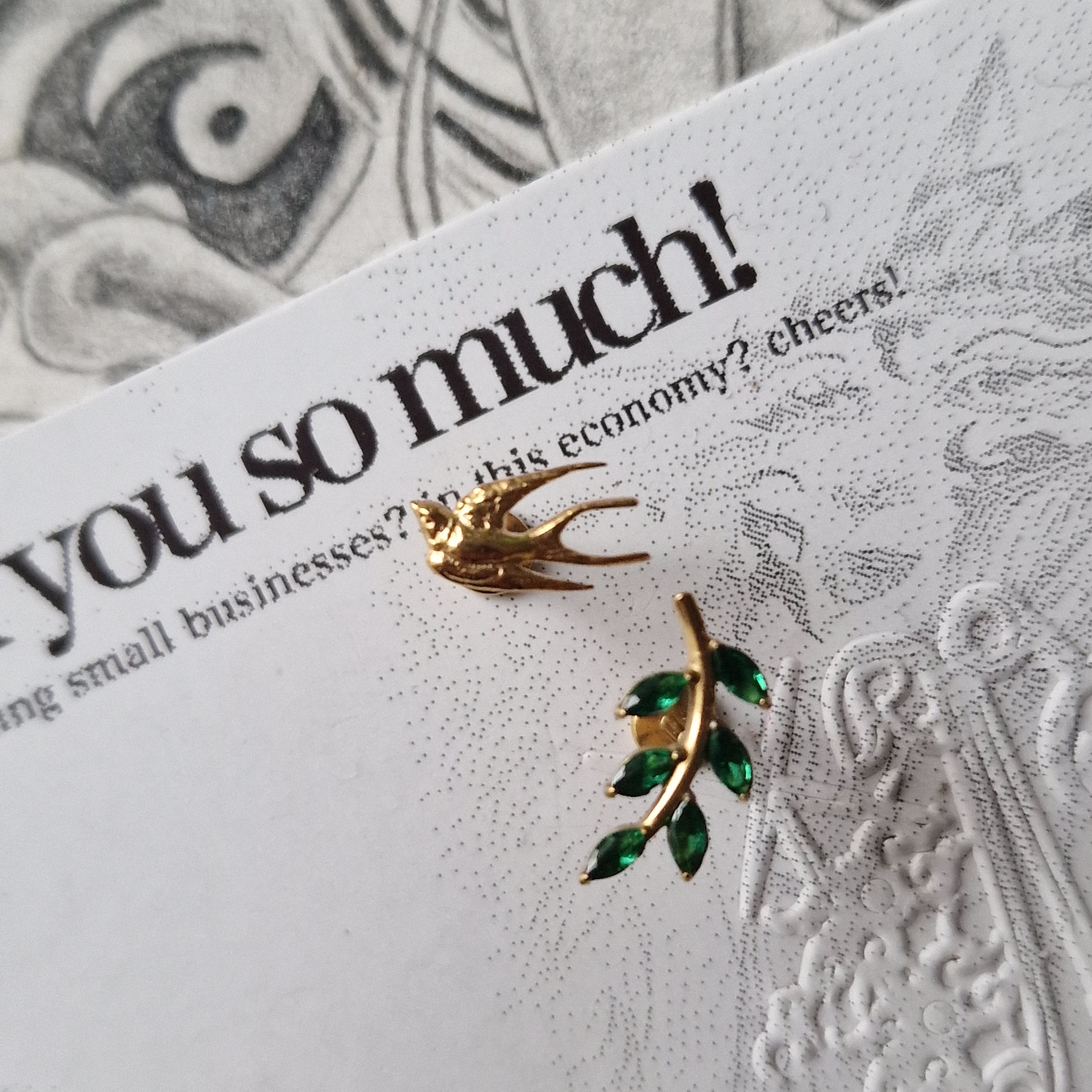 Olive Branch Leaves and Gold Birdie Asymmetric Stud Set | Gold and Green Nature Inspired Cartilage Flat Back Earrings