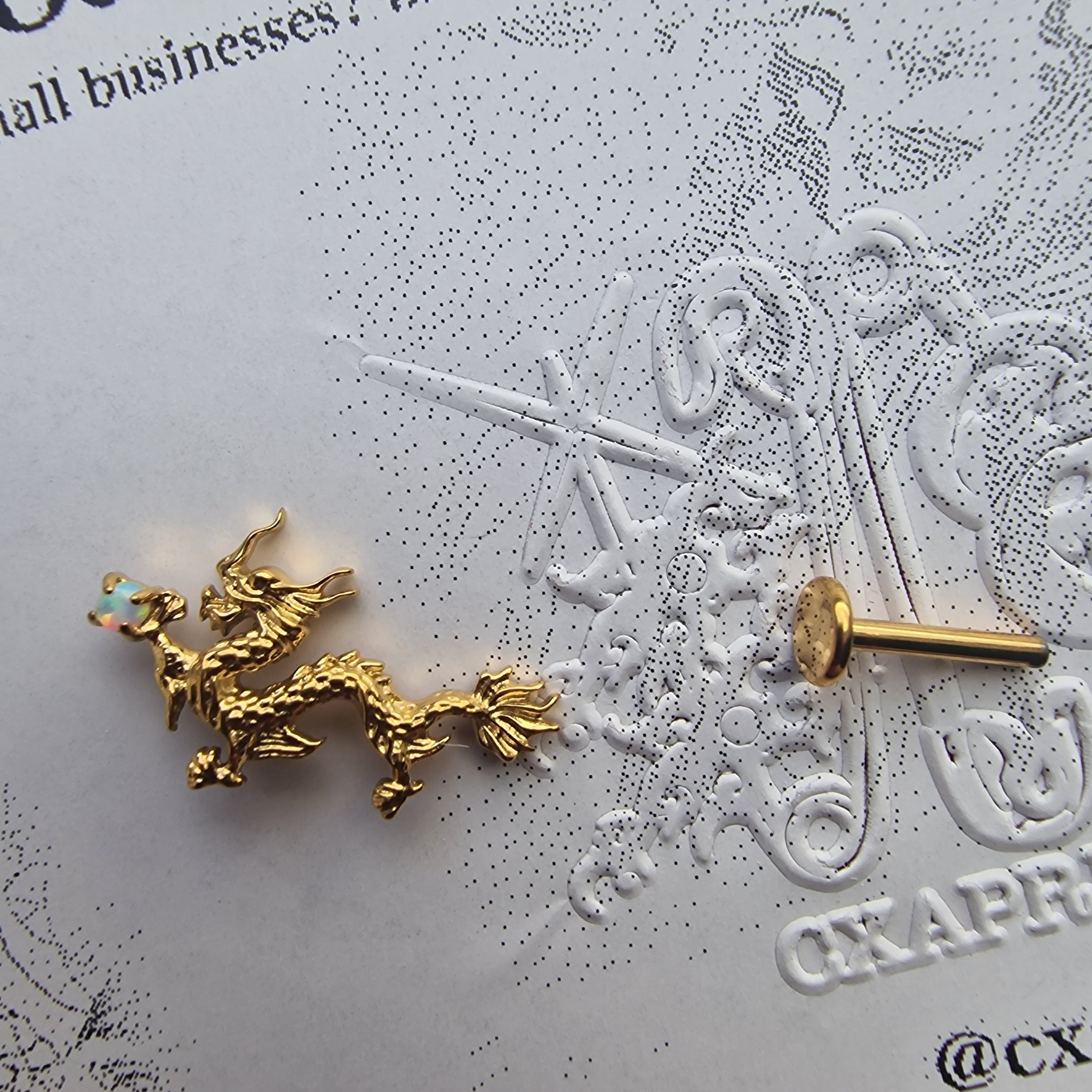 Anime Inspired Dragon and Mask Asymmetric Gold Titanium Earring Set | Titanium Gold Asian Body Piercings and Jewellery