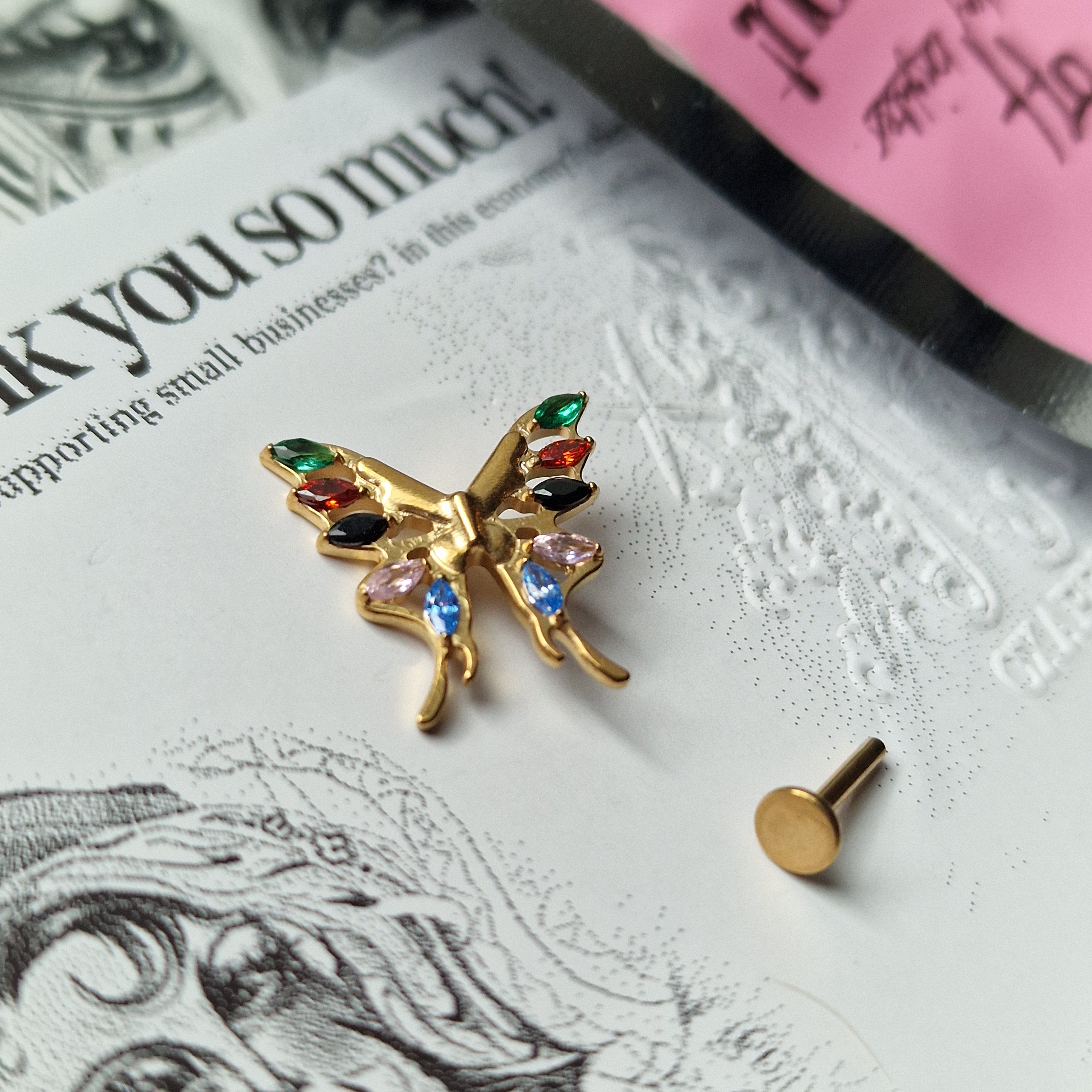 Jeweled Vintage Clown Pendant Rainbow Butterfly Earrings  | Zircon Titanium Silver Body Piercing